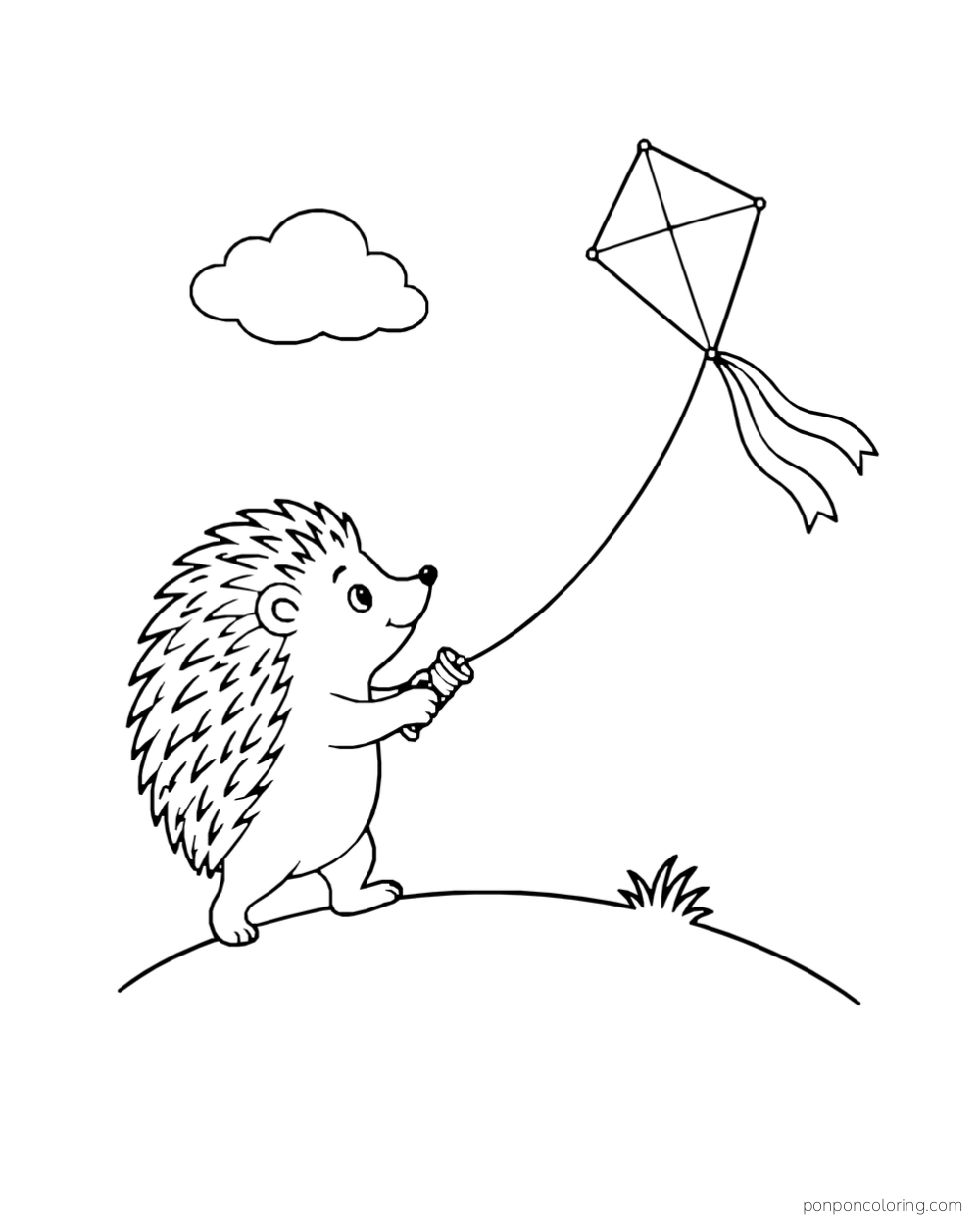 A hedgehog holds the string of a diamond kite above a low hill.