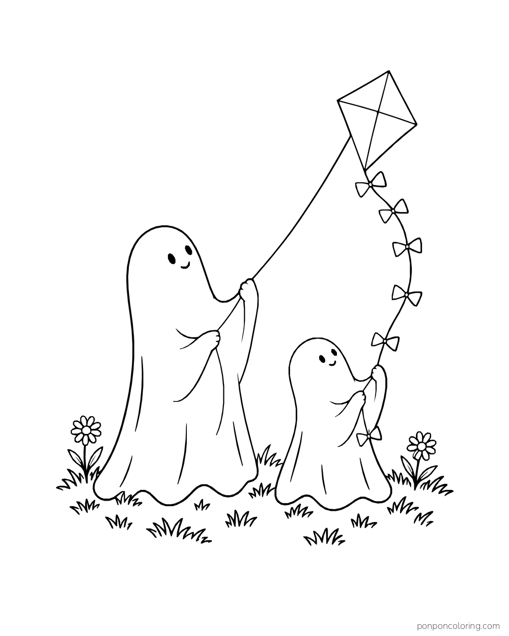 A tall ghost and a smaller ghost hold a kite string among flowers.