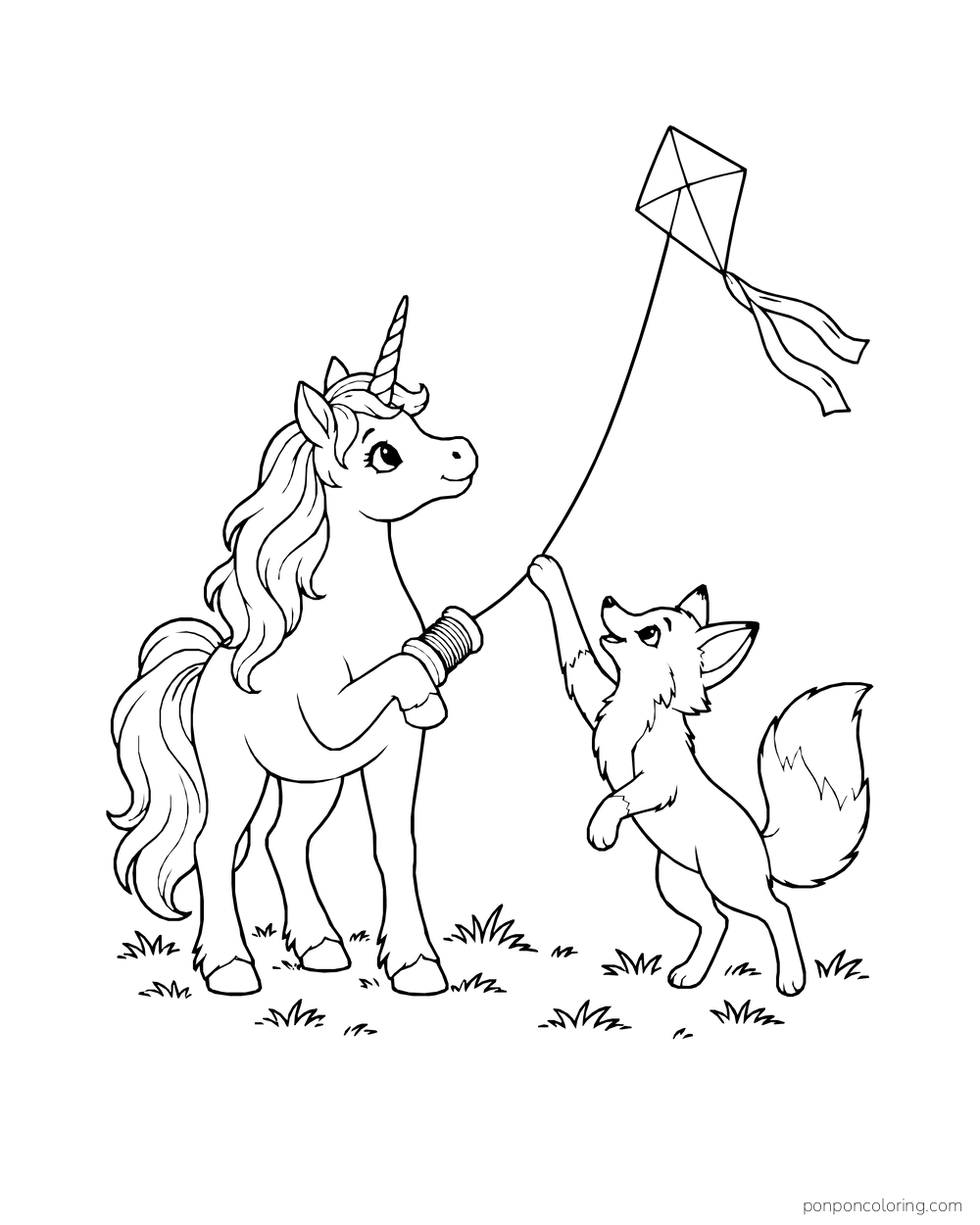 A unicorn and a fox fly a diamond kite together in a grassy clearing.