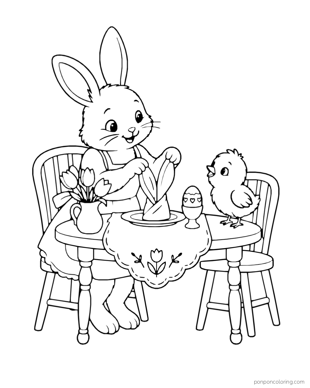 A rabbit folds a napkin into bunny ears at a table with tulips and an egg cup while a chick watches.