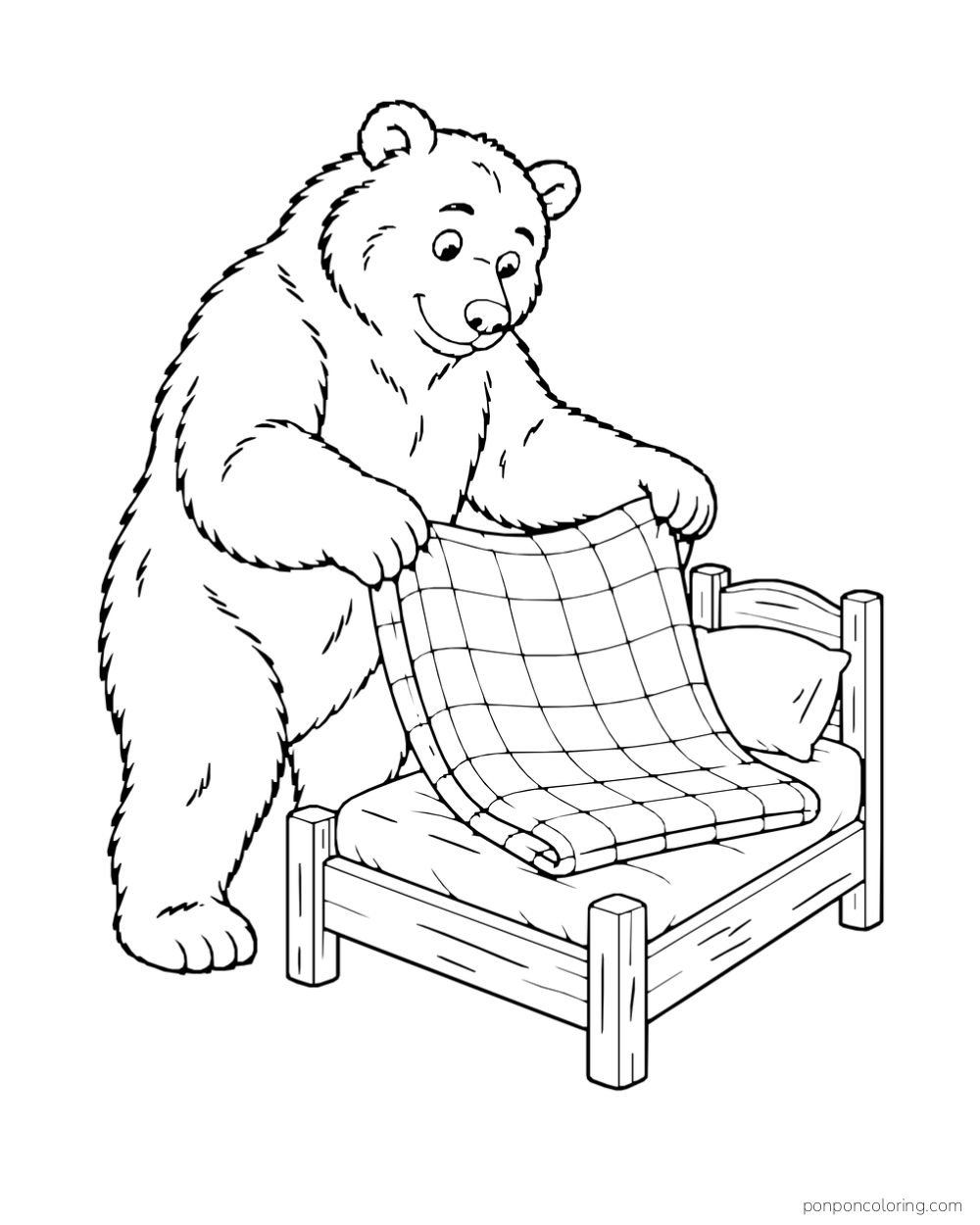 A broad brown bear folds a checked quilt over a small bed with a pillow.
