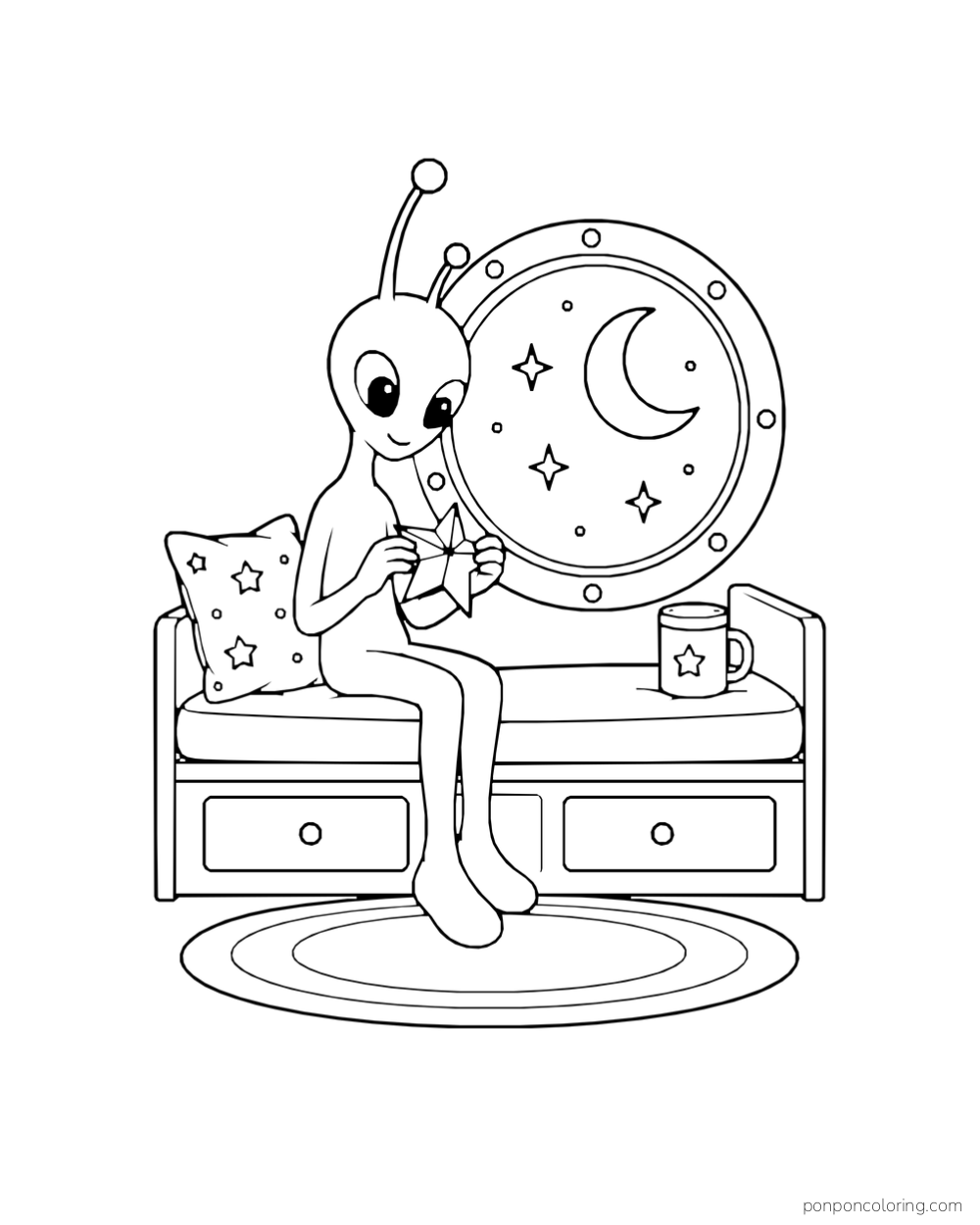 An alien folds a paper star beside a crescent-shaped window.
