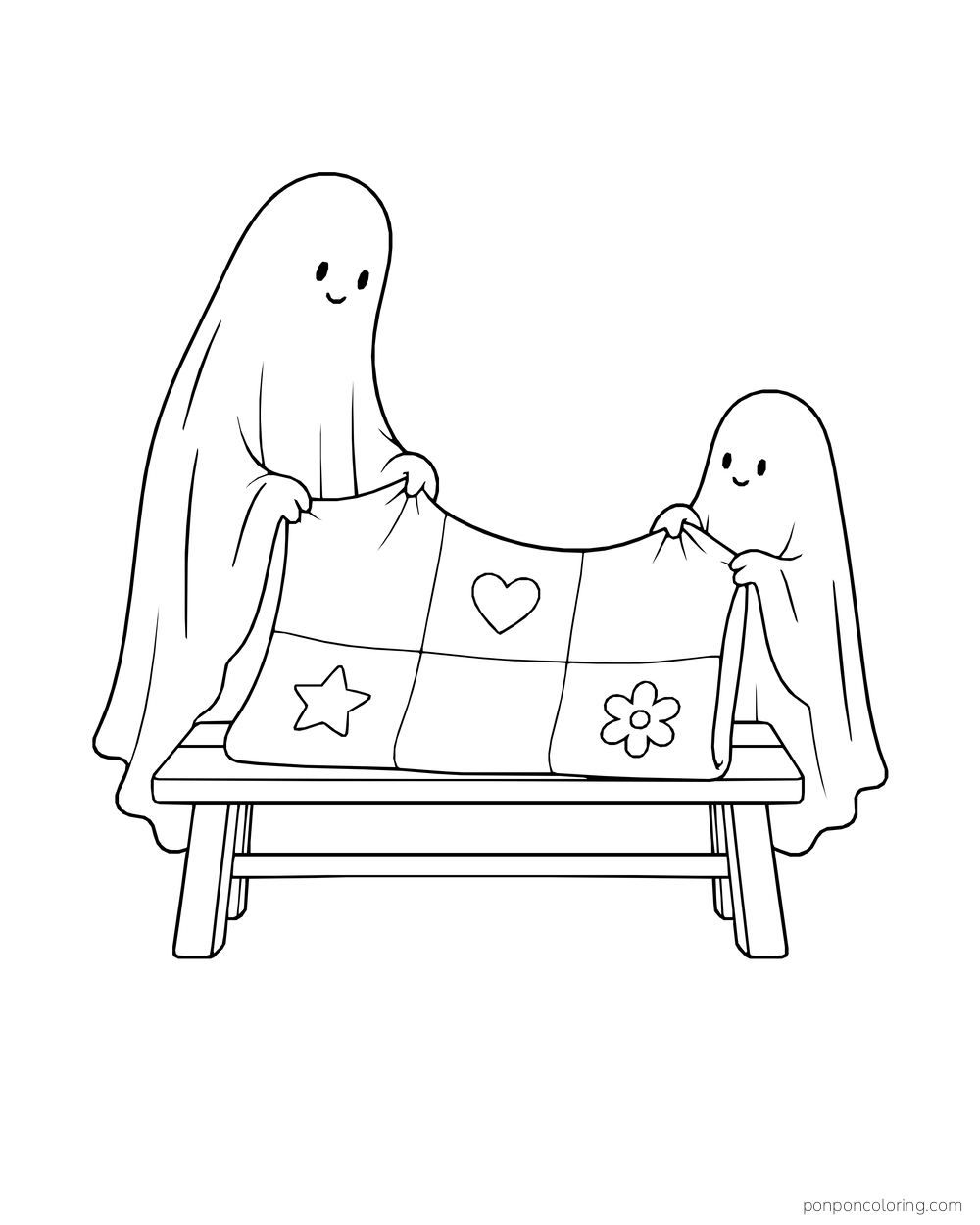 Two ghosts hold a patchwork quilt across a bench.