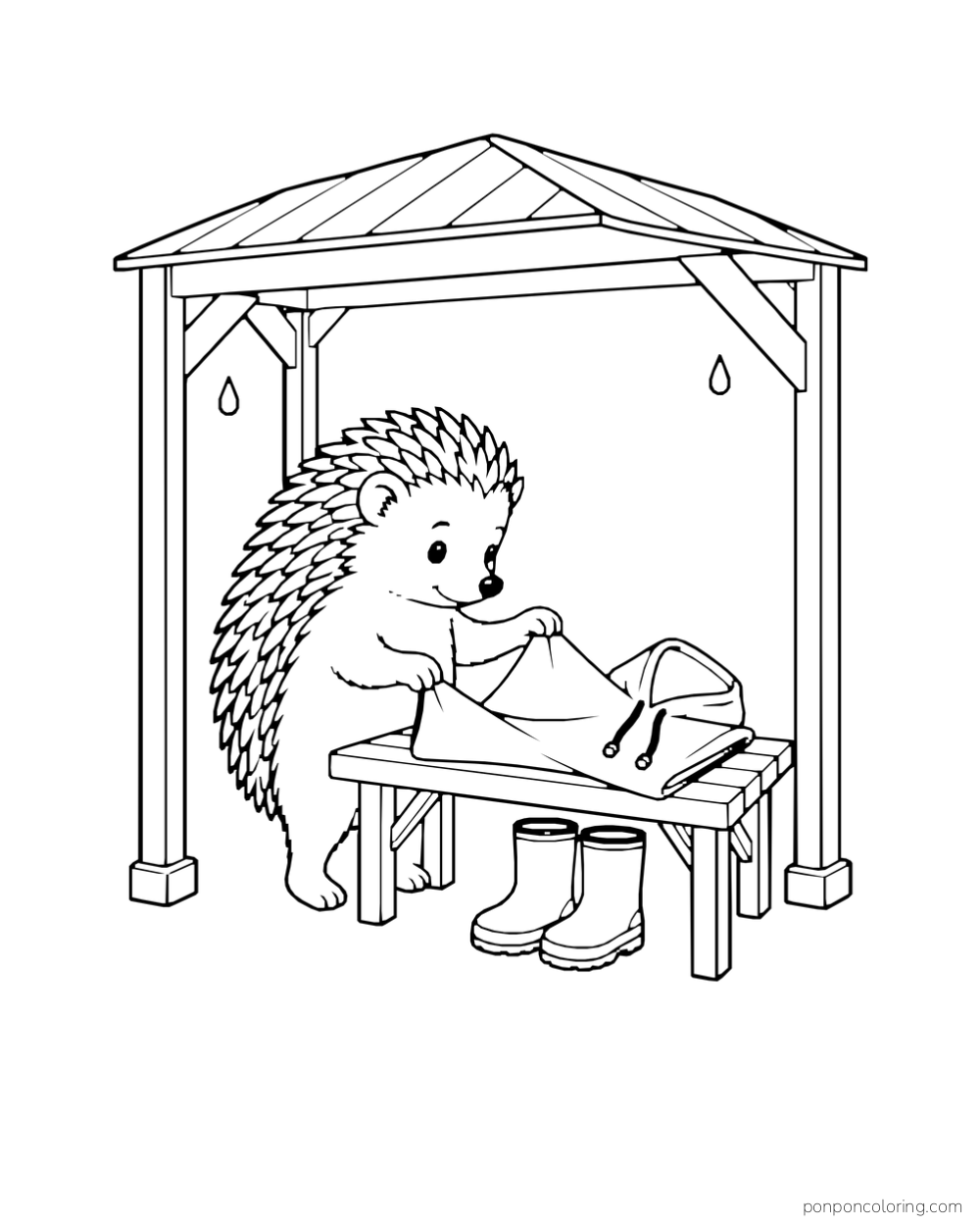 A hedgehog folds a rain poncho on a bench beneath a complete porch shelter, with boots below.