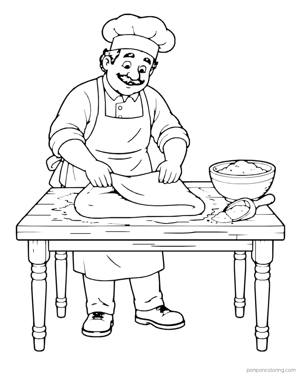 A baker folds a broad sheet of dough on a wooden table beside a bowl and scoop.