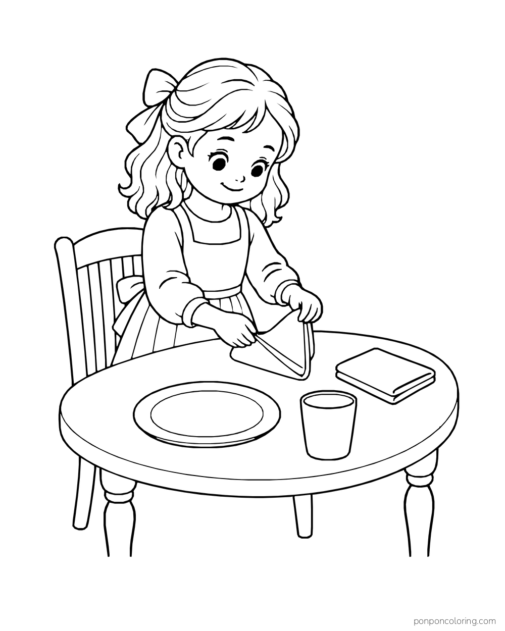 A child folds a napkin beside a plate, cup and neat stack of cloths.