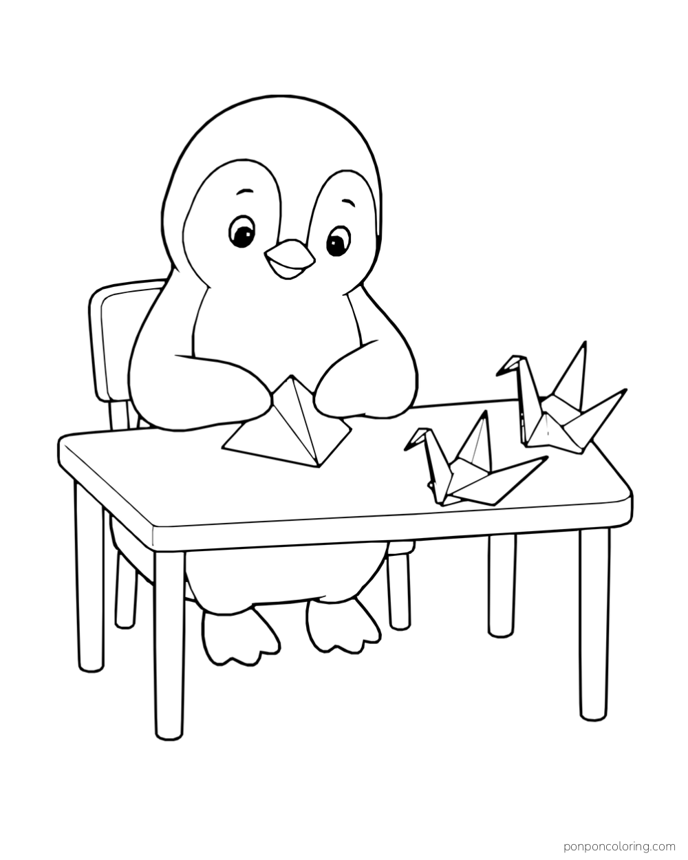A penguin folds paper beside two finished paper birds at a small desk.