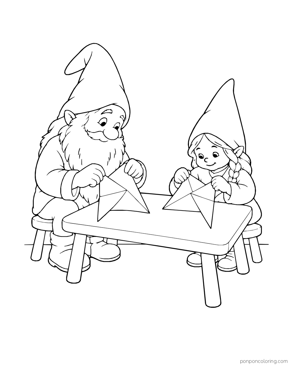 Two gnomes folding large paper stars together across a low table.