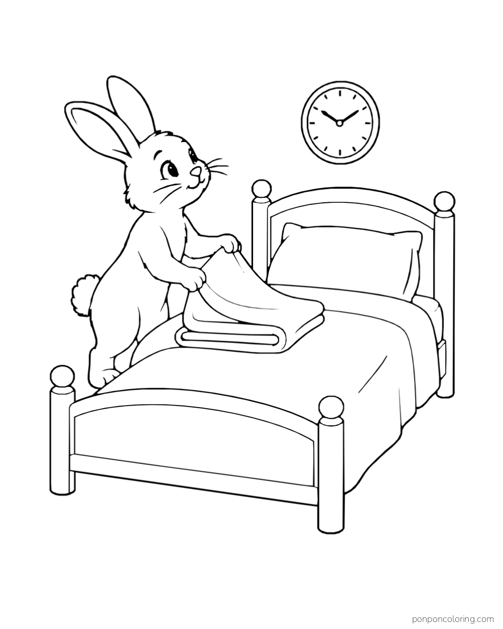 A rabbit folds a blanket on a bed beneath a round wall clock.
