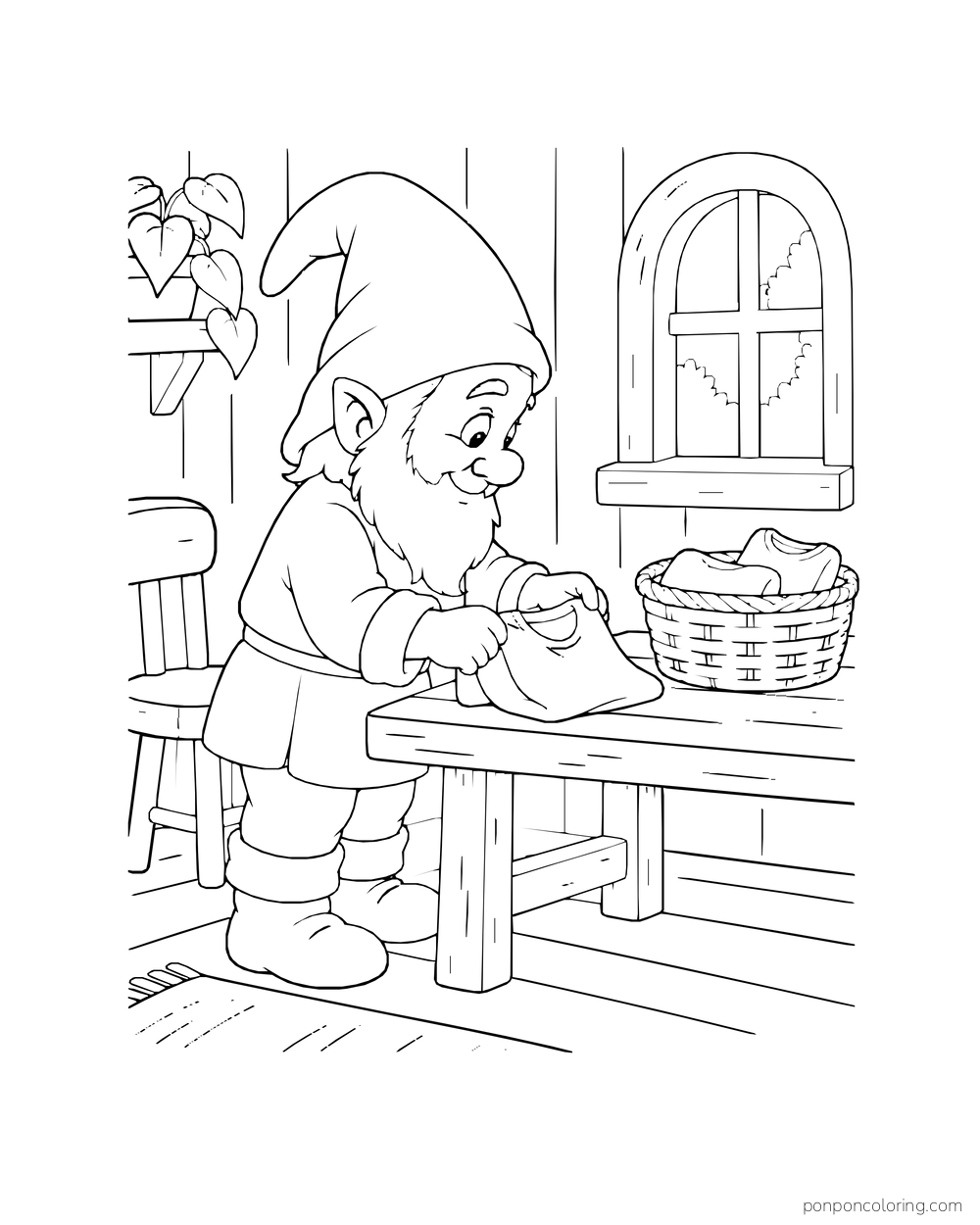 Gnome folding a piece of laundry on a table beside a basket in a simple room.