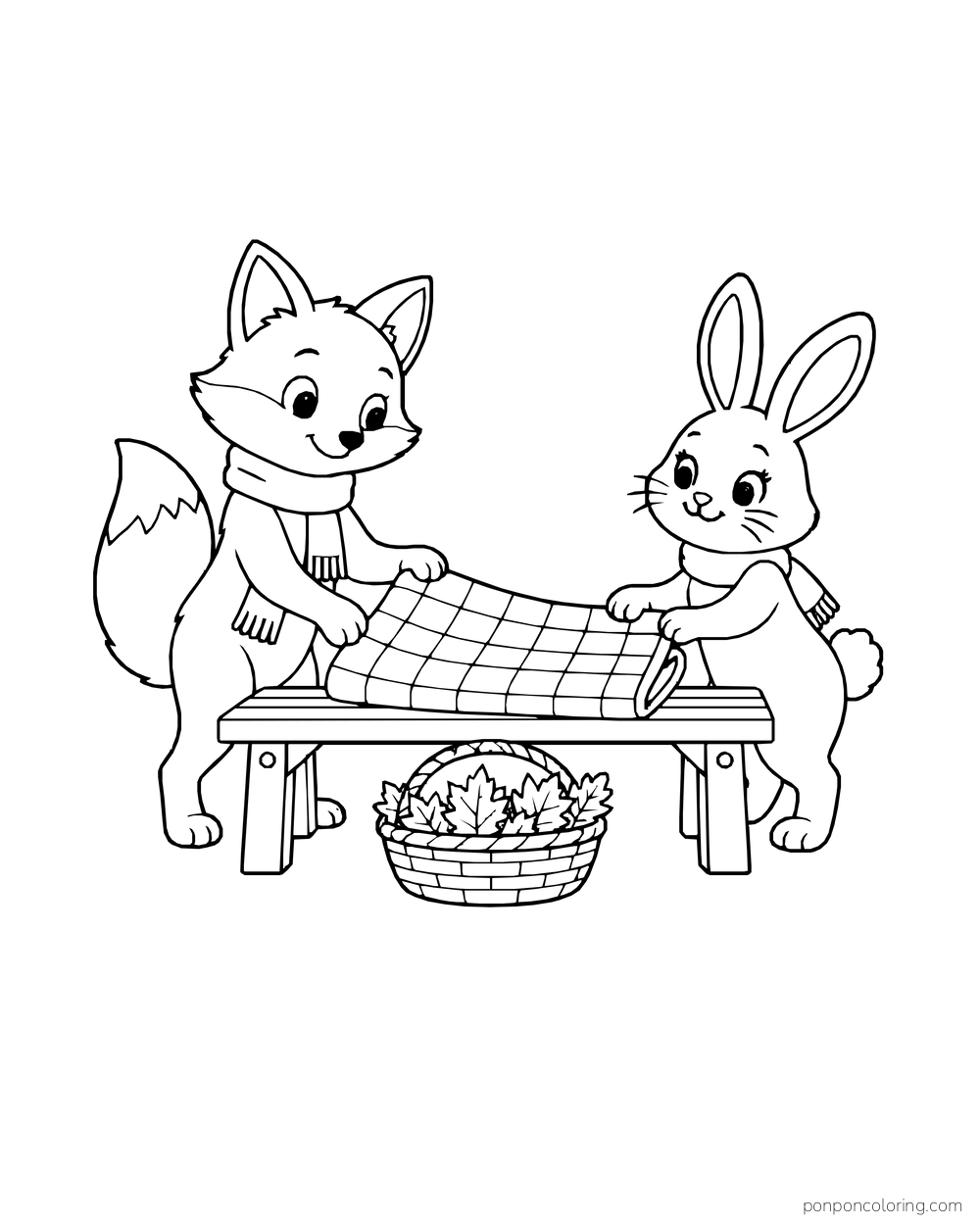 A fox and rabbit fold a checkered blanket over a bench above a leaf basket.