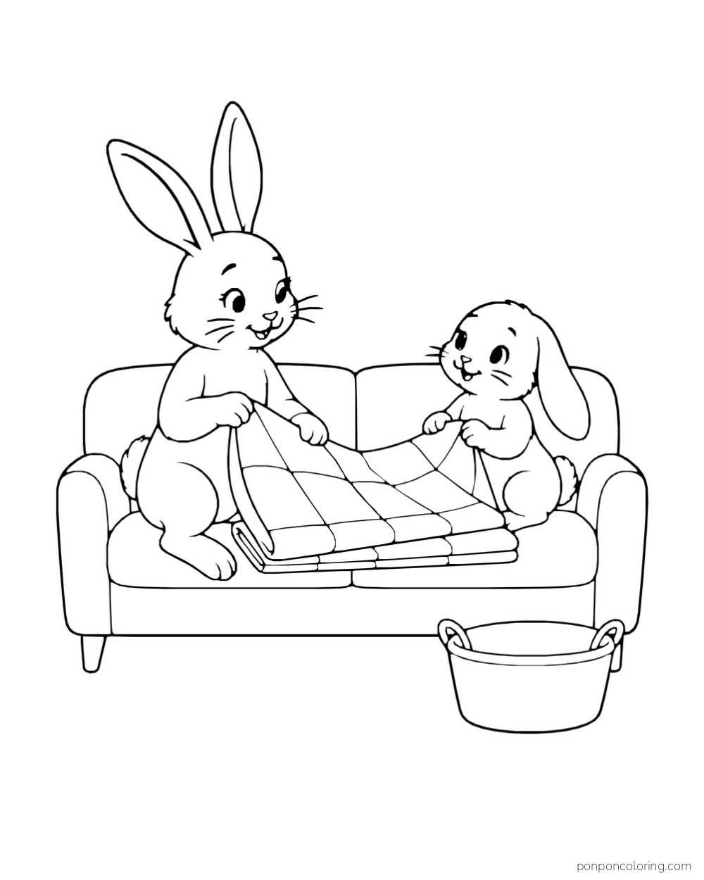 Two rabbits fold a checked quilt on a sofa, with a pail on the floor.