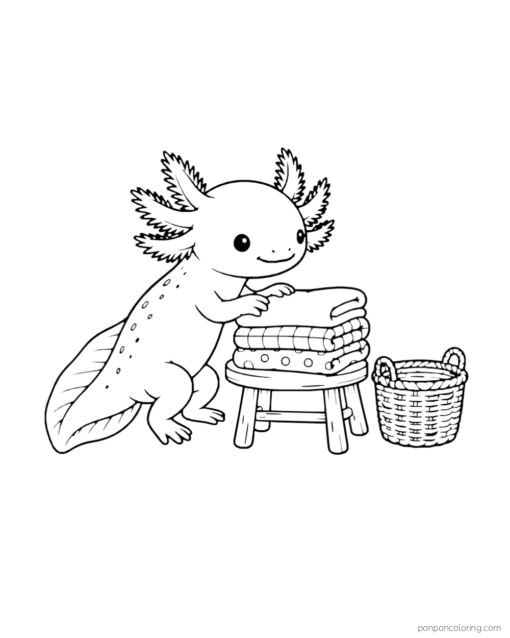 Axolotl placing a folded towel on a neat stack beside a wicker basket.