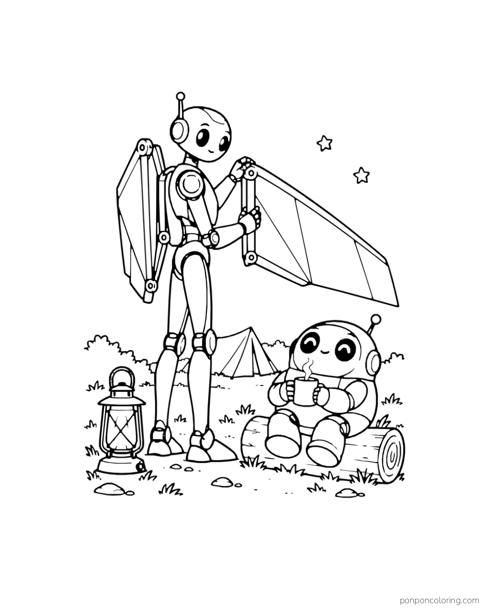 A robot folds its backpack wings beside a camp lantern and a friend.