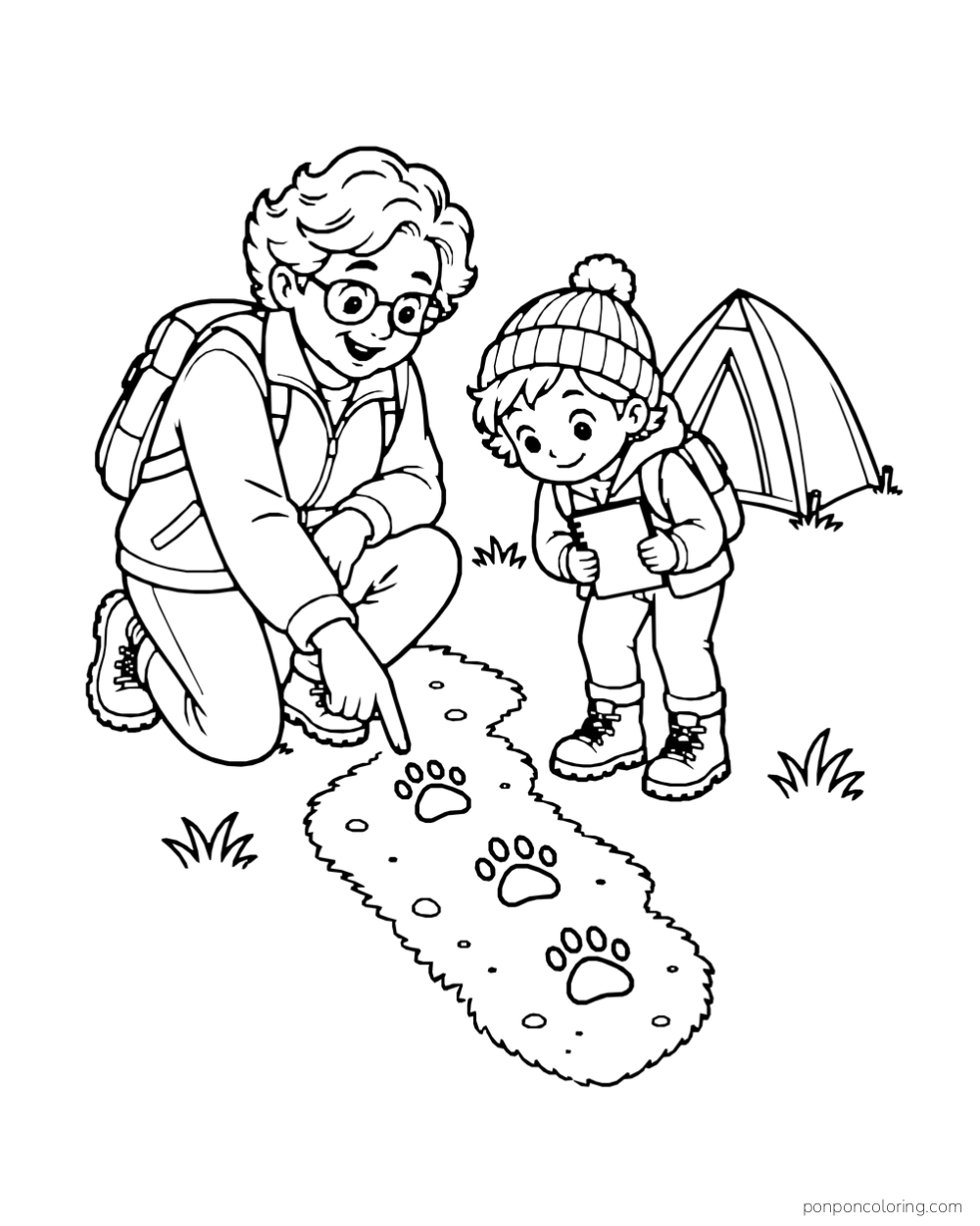 An adult and child follow animal tracks near a tent.