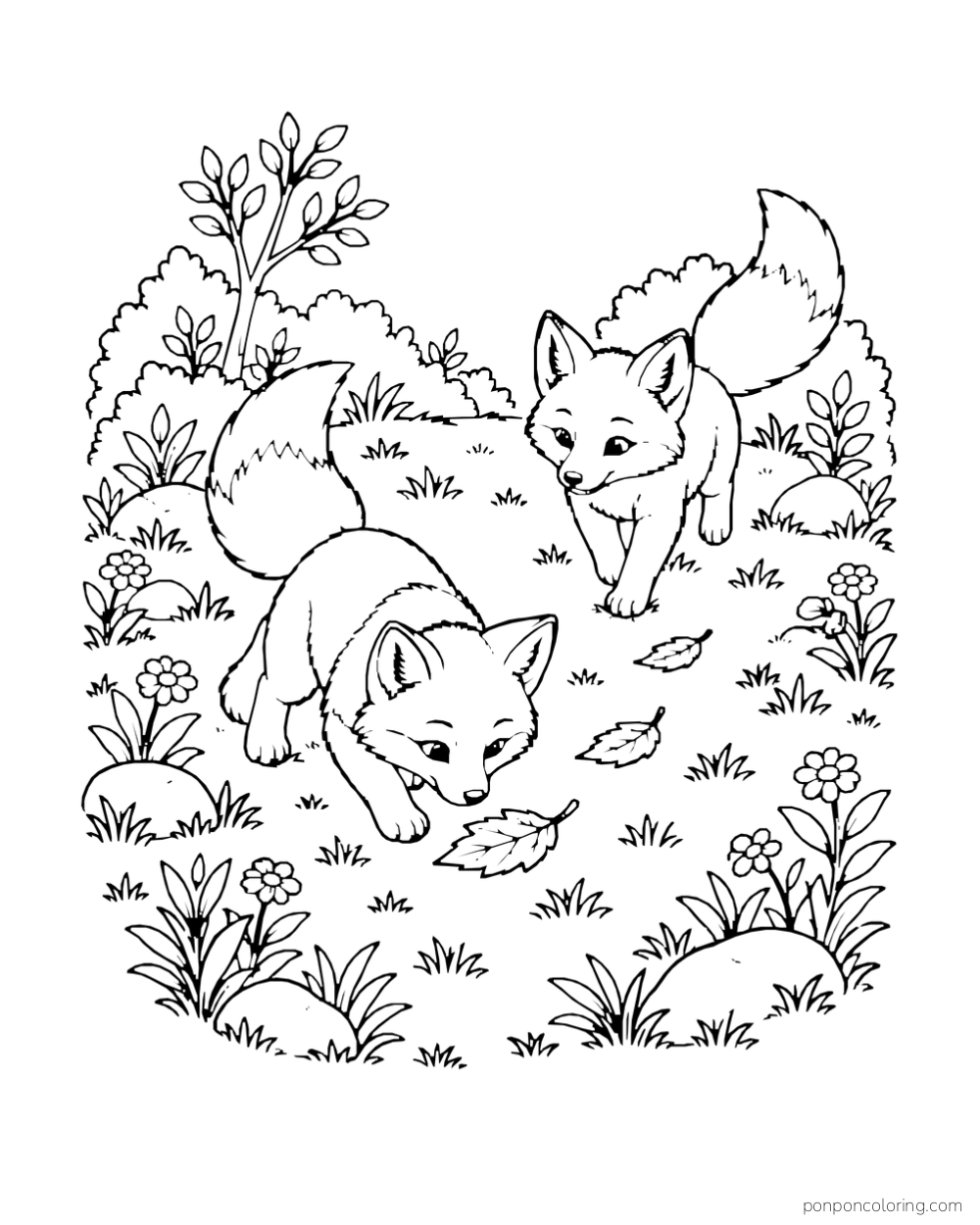 Two fox kits move through a clearing while one lowers its nose to fallen leaves.
