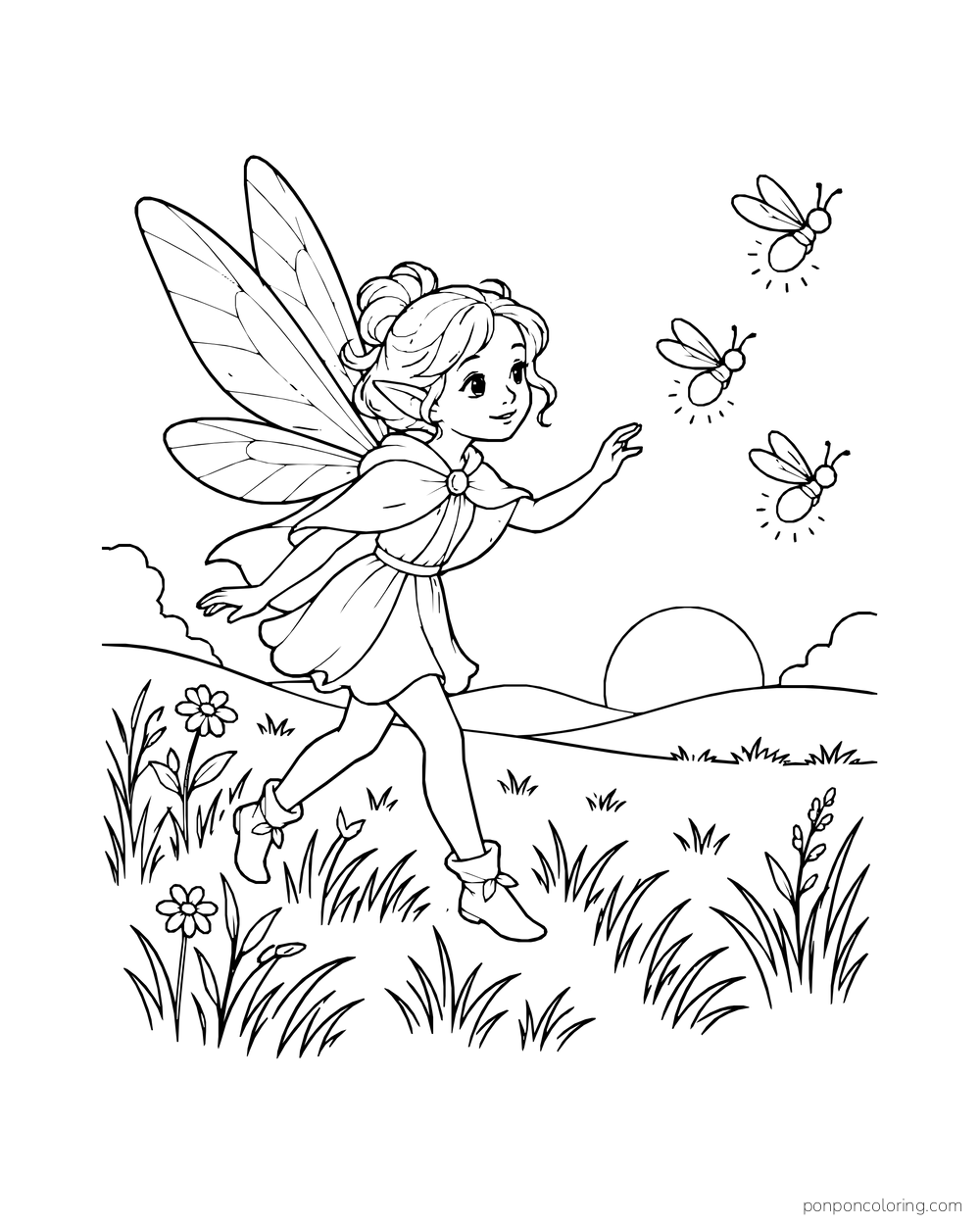 Fairy running through grass toward three fireflies at dusk.