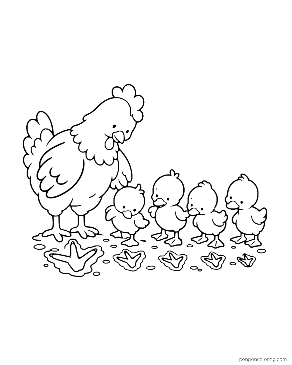 A hen and four ducklings look at bird footprints on the ground.