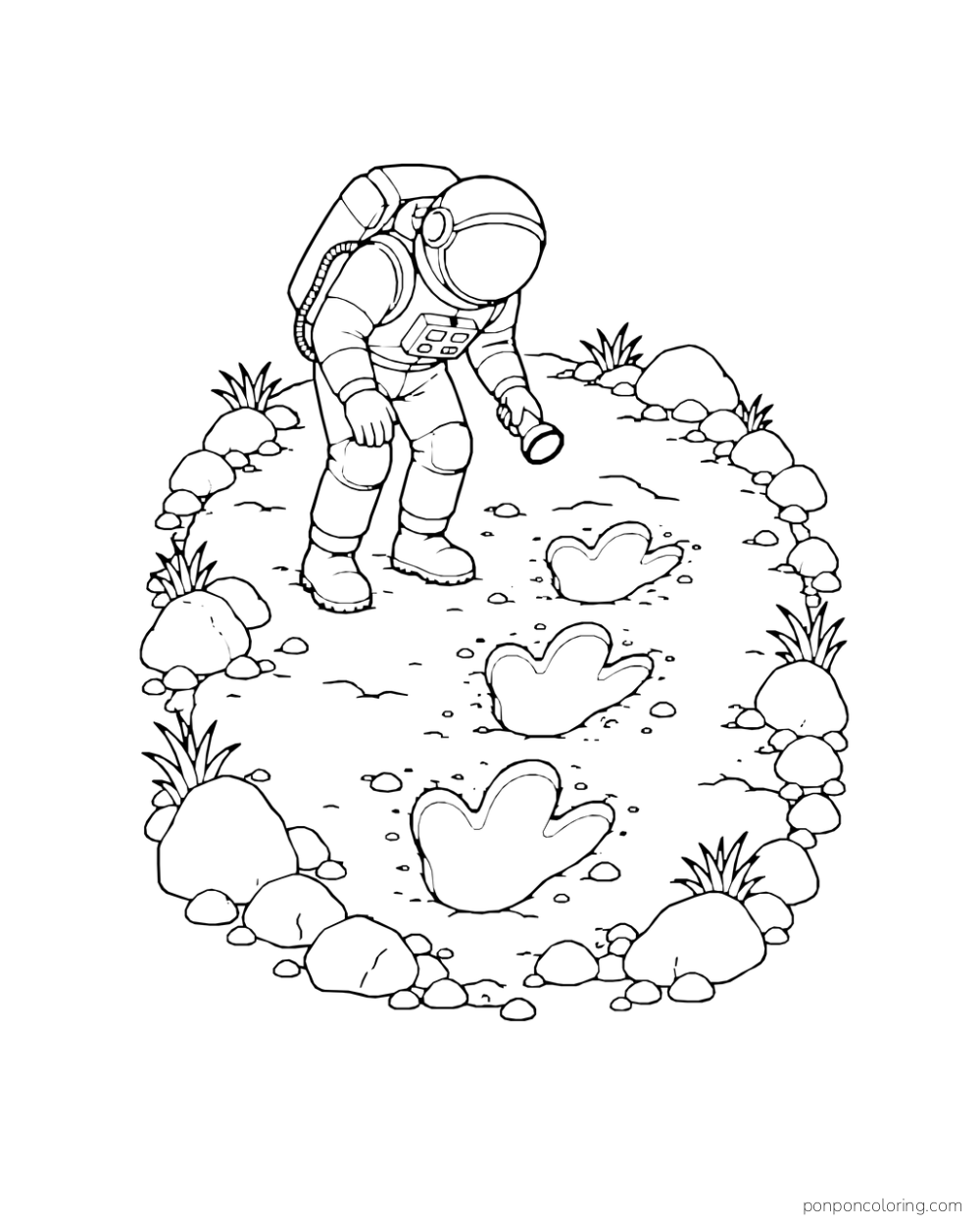An astronaut examines a trail of large footprint-shaped marks in soft ground.