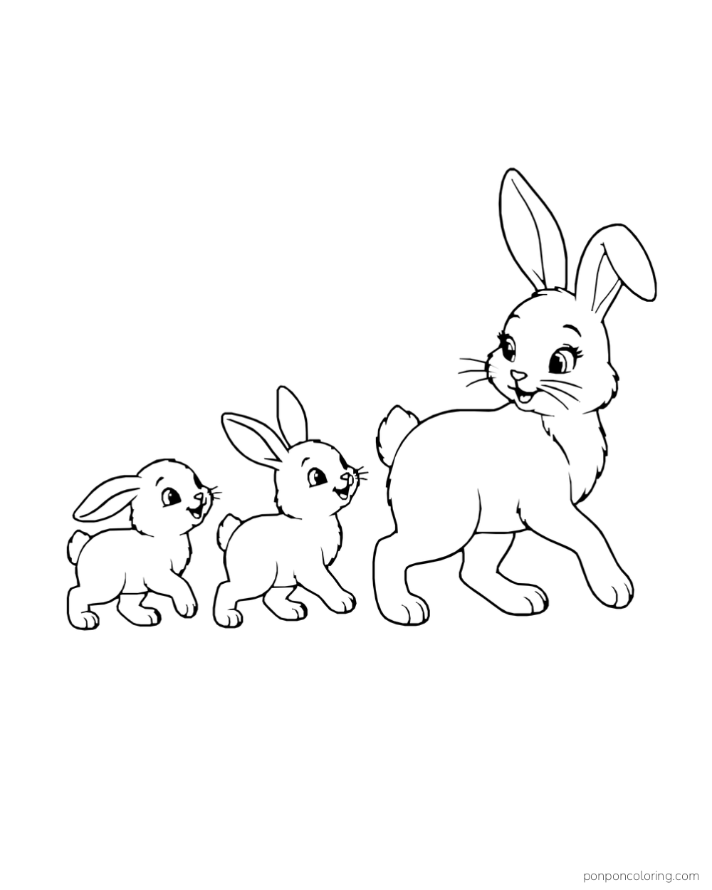 A mother rabbit leads two kits in a line across an open page.