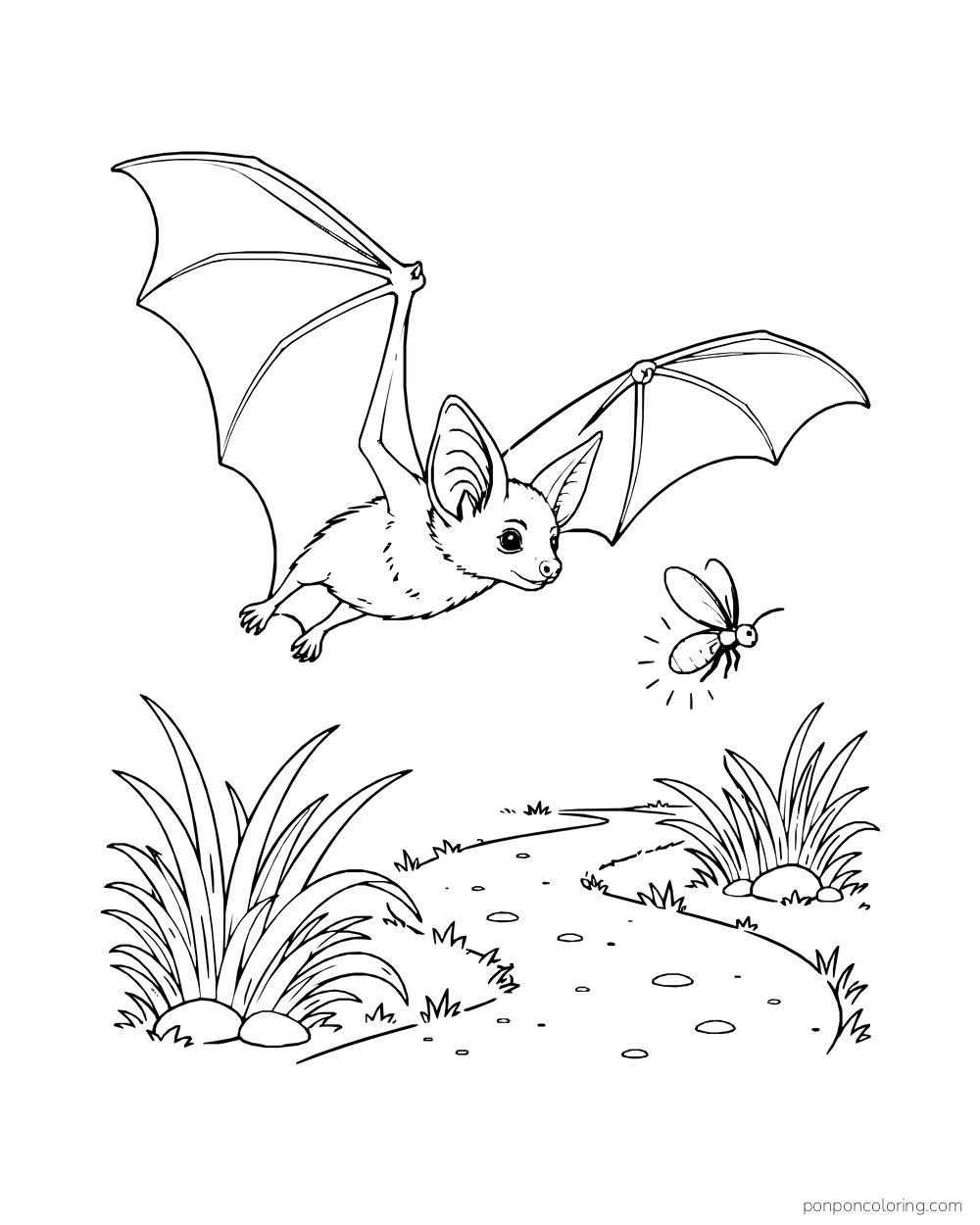 A bat follows a firefly above a curving garden path bordered by grass.