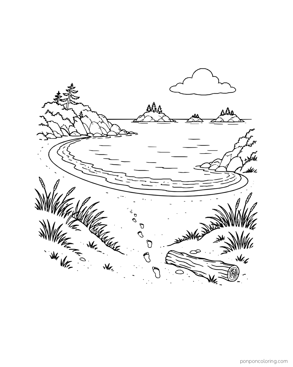 Footprints pass a driftwood log on their way to a crescent-shaped coastal cove.