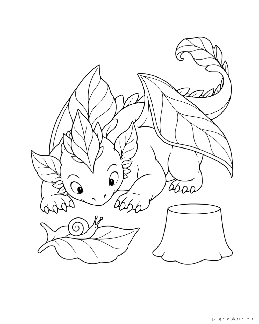 A leafy dragon crouching beside a snail on a leaf and a short stump.