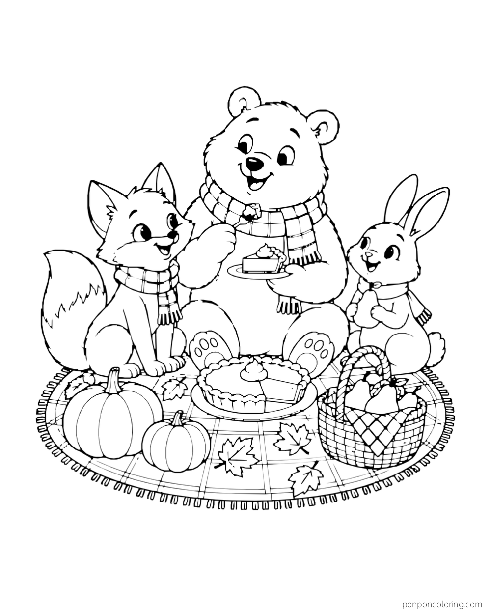A bear, fox, and rabbit gather around pumpkin pie on an oval picnic blanket beside a pear basket.