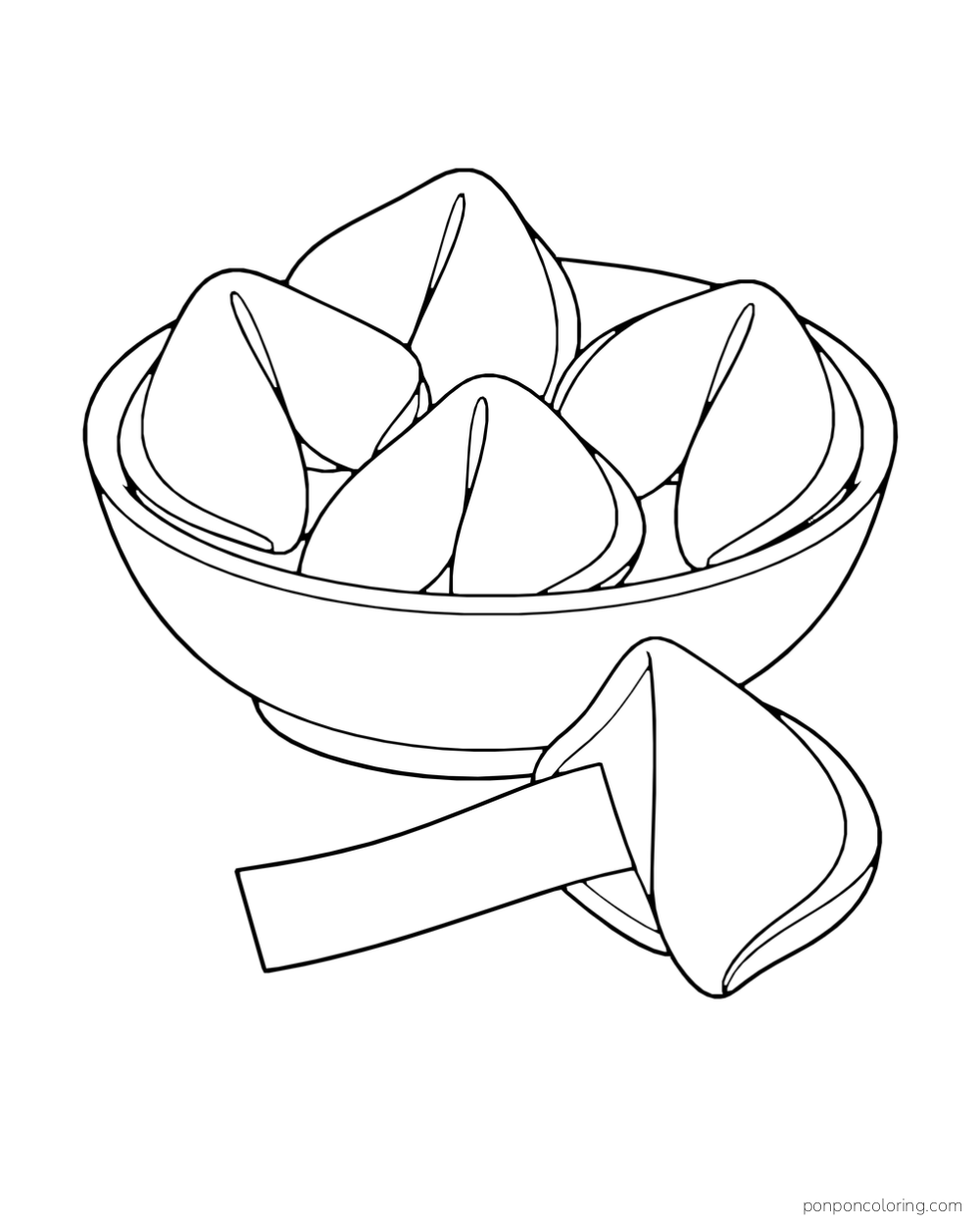 Five folded fortune cookies fill a bowl while one open cookie shows a blank paper slip.
