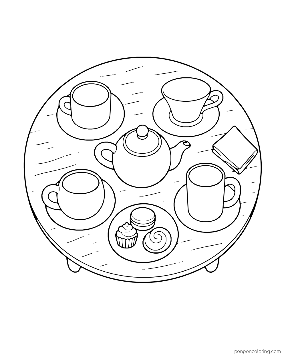 Overhead round table holds four unlike cups, a teapot, napkin, and plate of pastries.