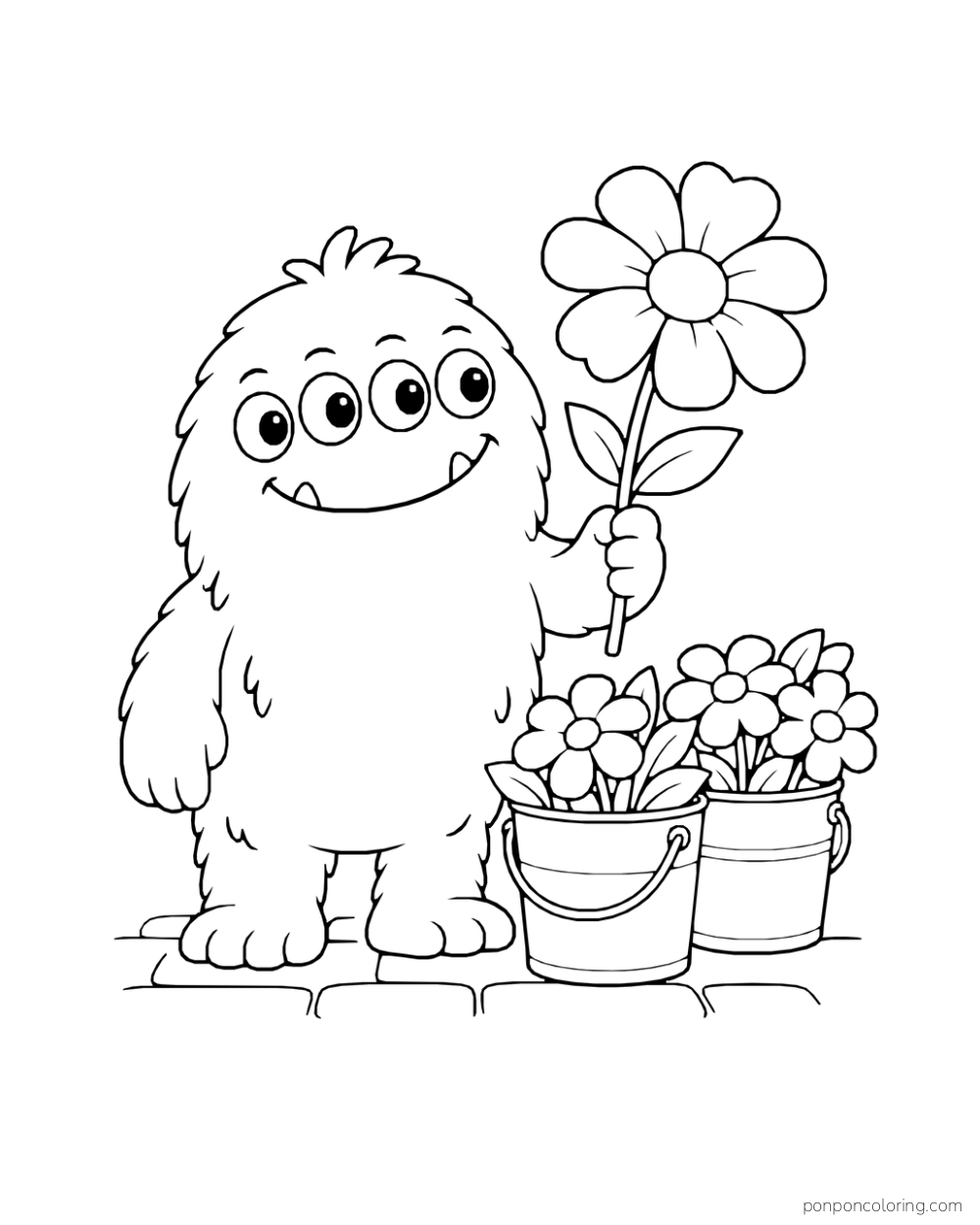 Four-eyed monster lifting a large flower beside two buckets of blooms.