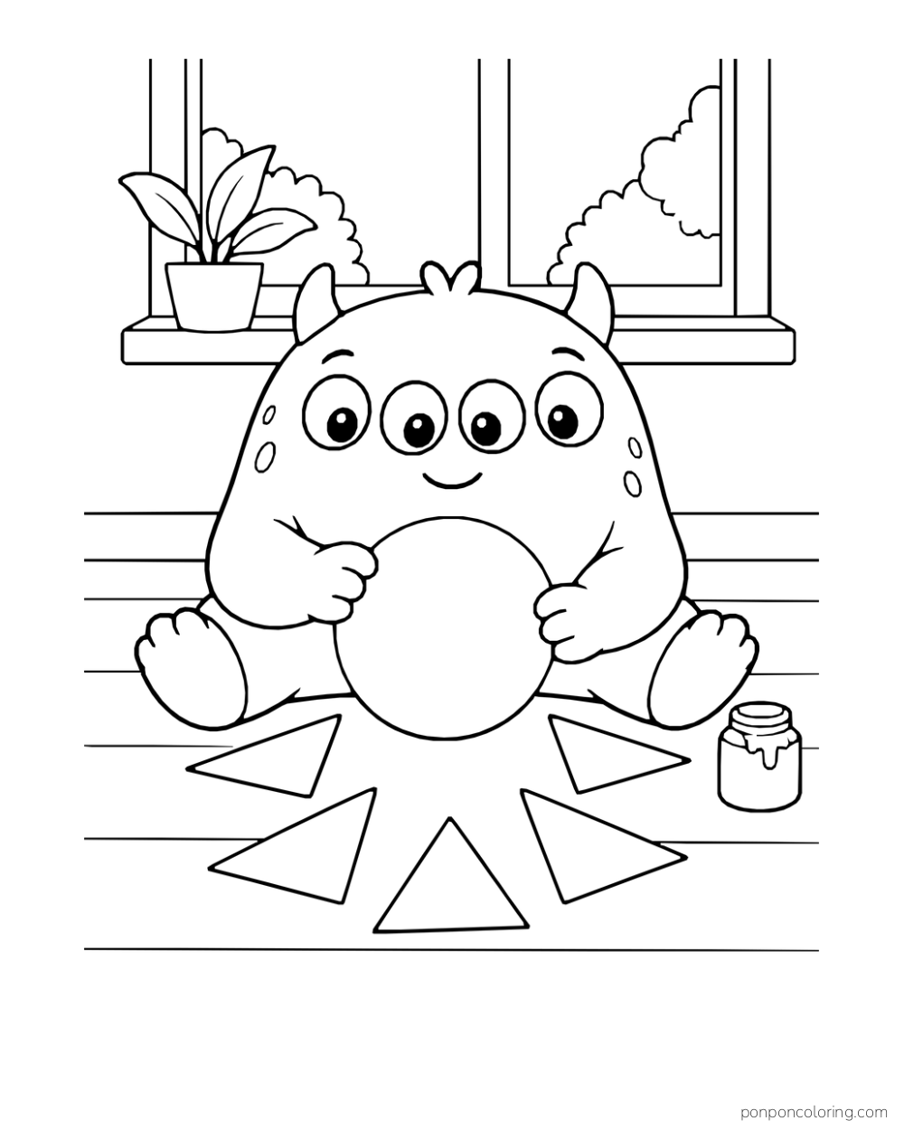 Four-eyed monster holding a paper circle beside broad triangular rays and a glue pot.
