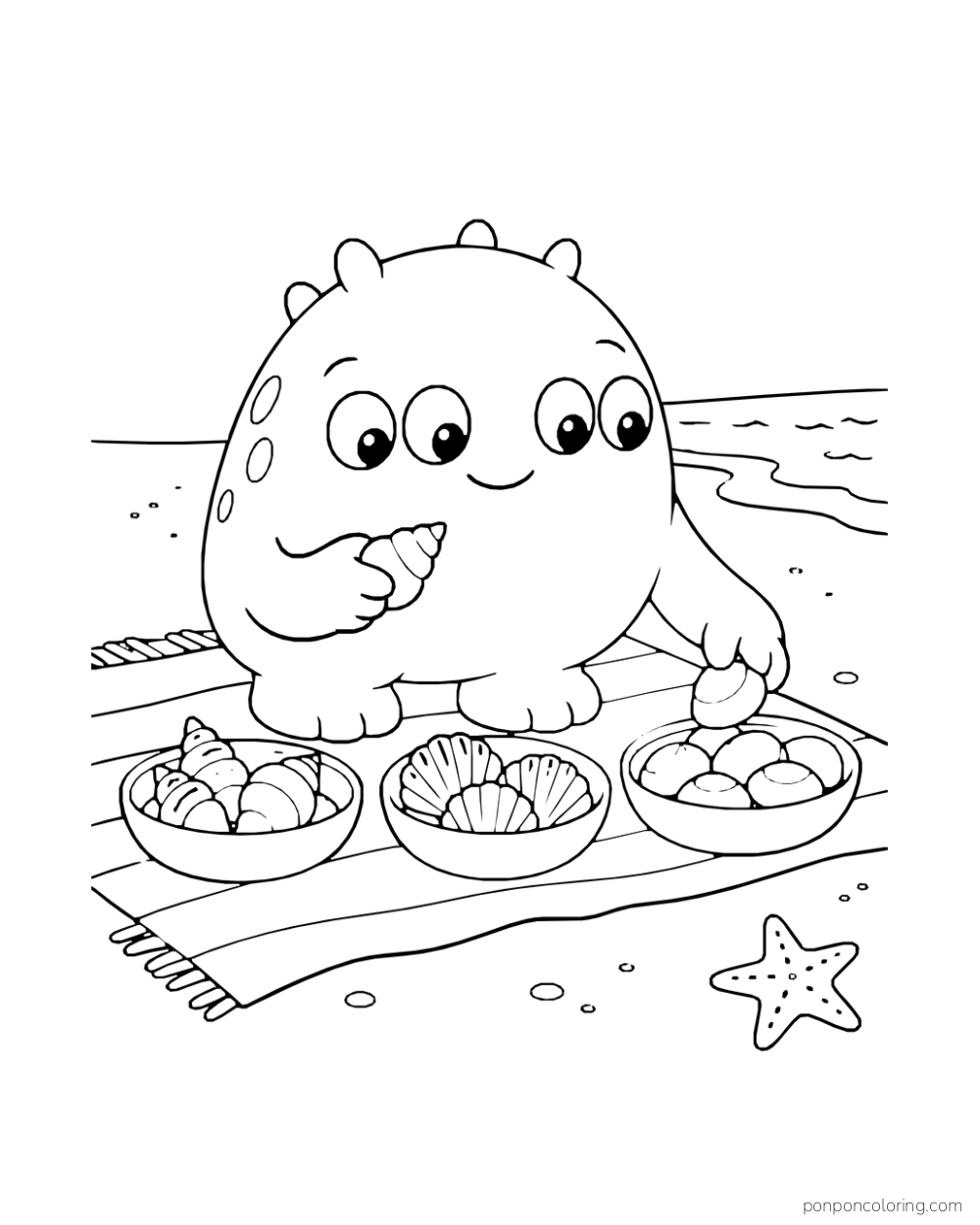 Squat four-eyed monster sorting shells into three bowls on a beach blanket beside a starfish.