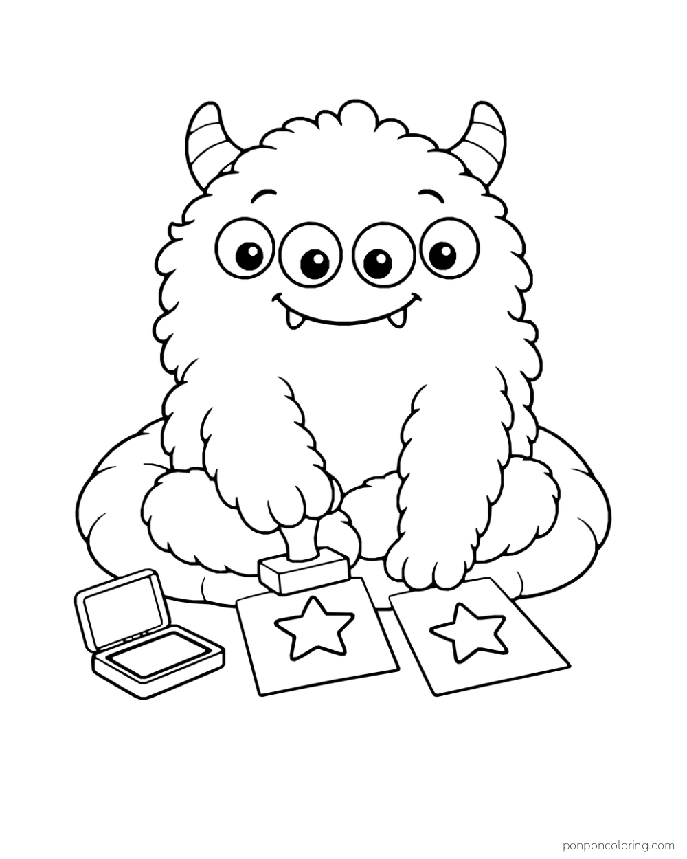 Four-eyed fluffy monster on a cushion stamping stars onto two cards beside an ink pad.