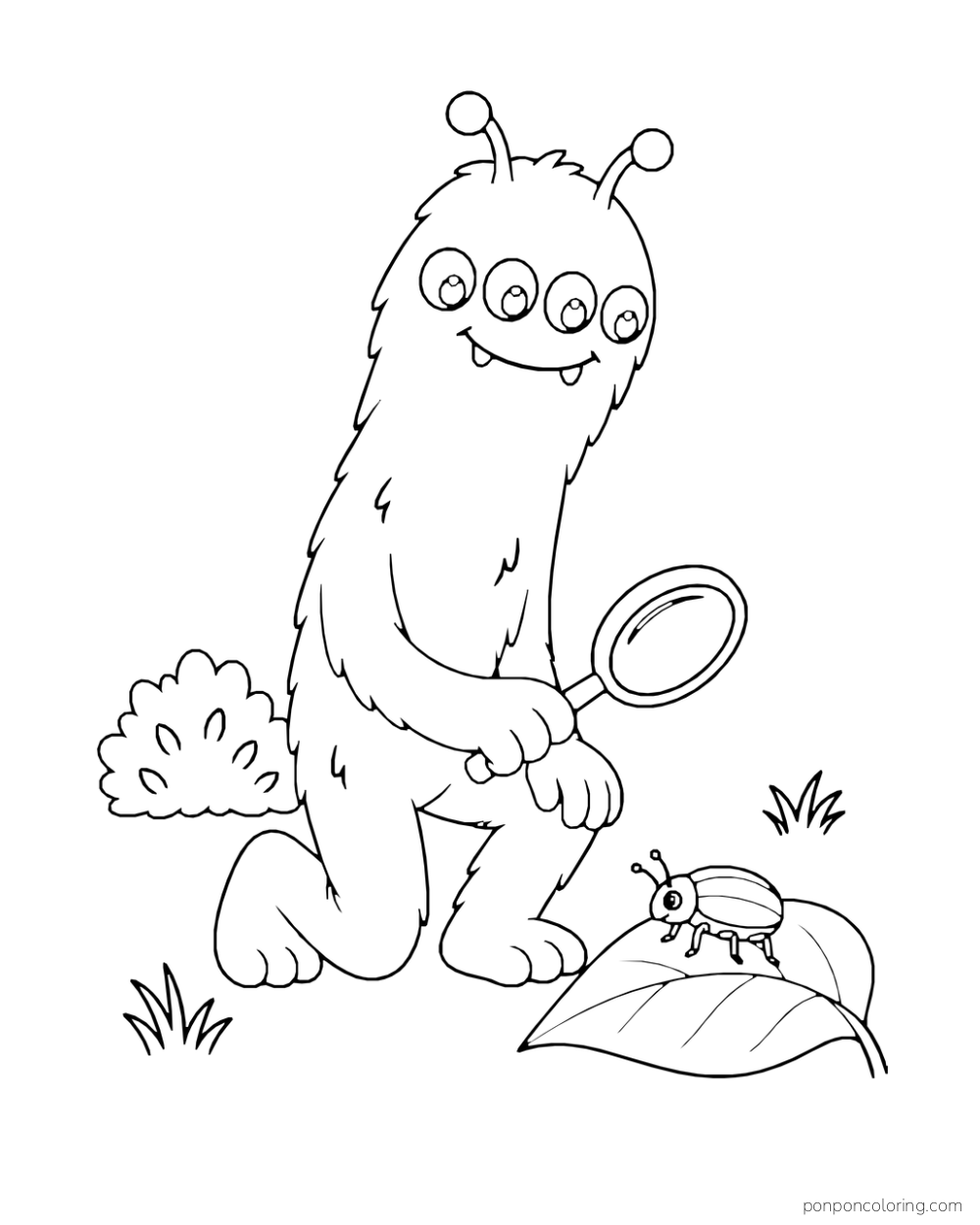 Tall four-eyed monster holding a magnifying glass toward a beetle on a broad leaf.