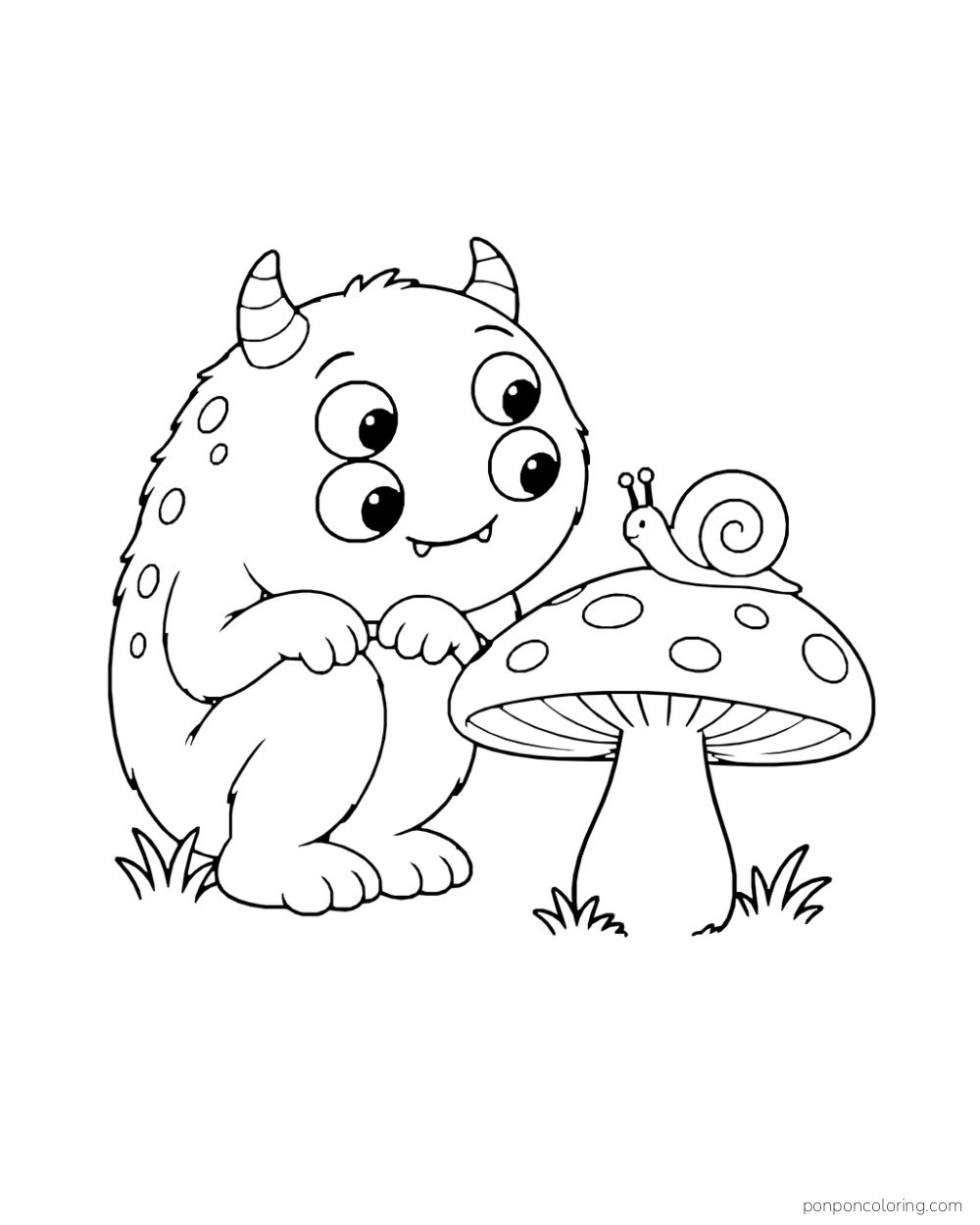 Round four-eyed monster looking at a snail on a broad mushroom cap.