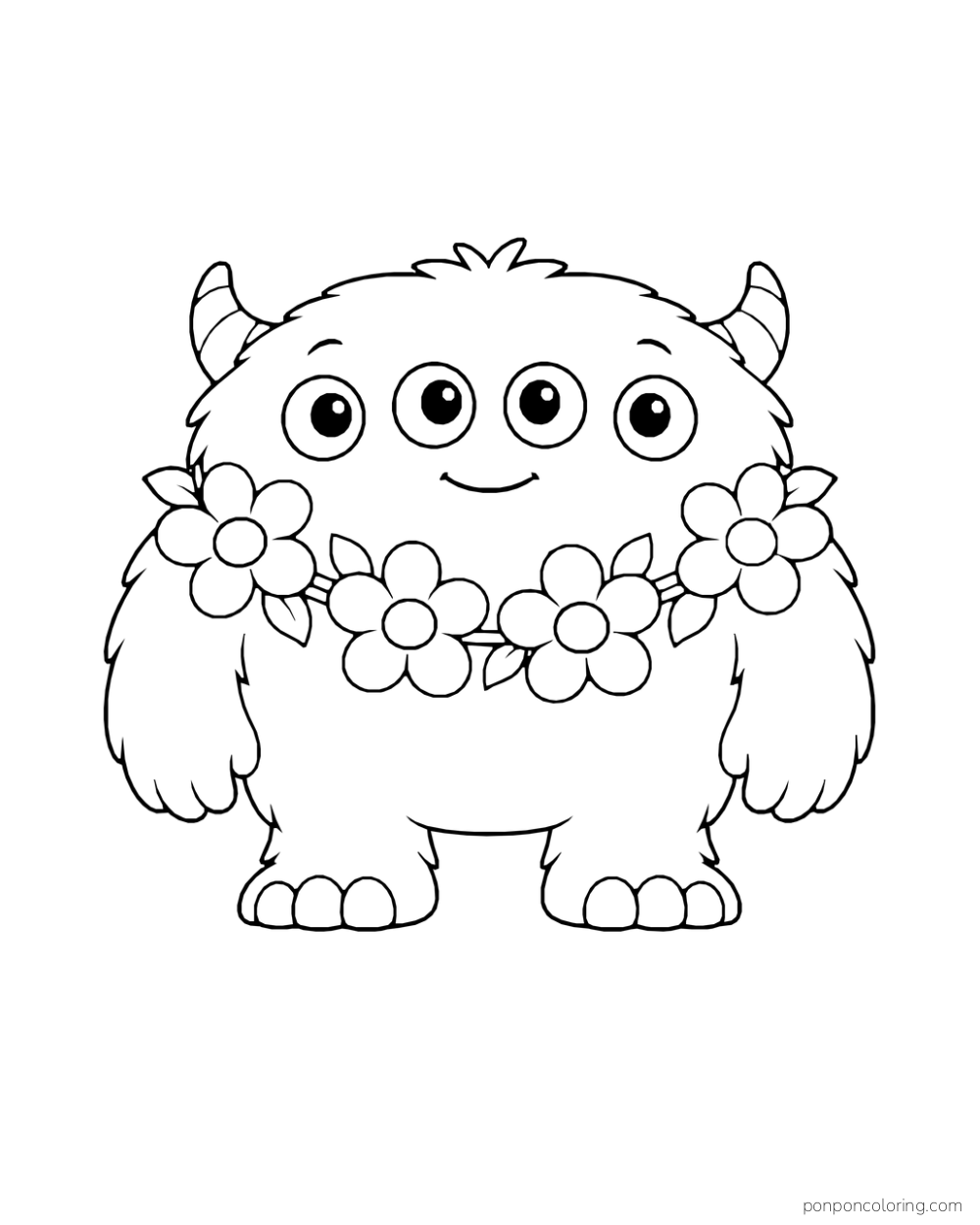 Wide four-eyed monster standing with a loose wreath of broad flowers across its shoulders.