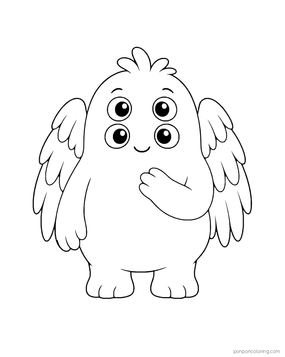 Short four-eyed monster standing with soft feathered wings folded behind it.