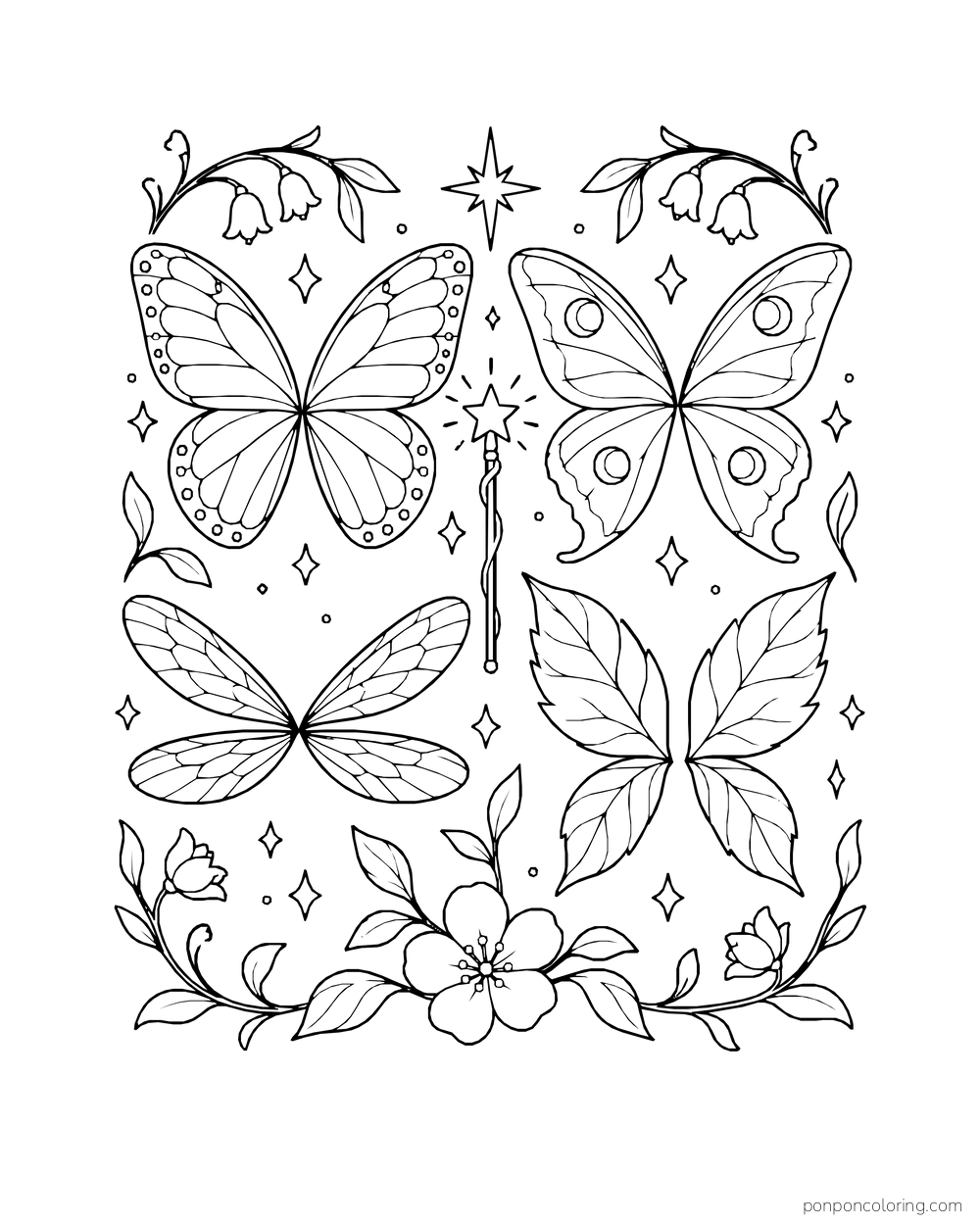 Four different pairs of fairy wings arranged with tiny stars and flowers.