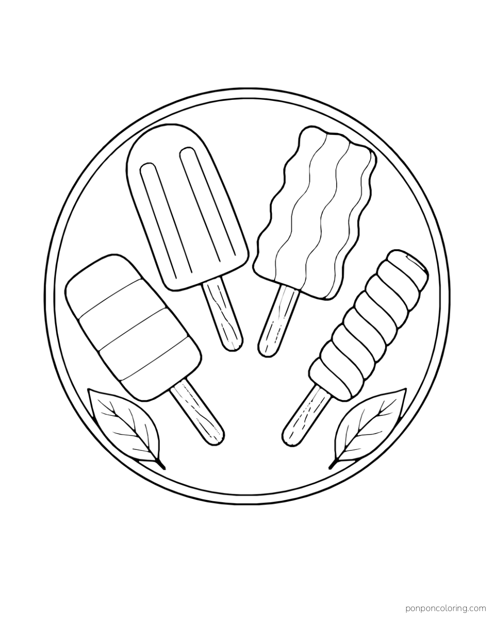 Four finished ice pops with different shapes are arranged on a round tray with two leaves.