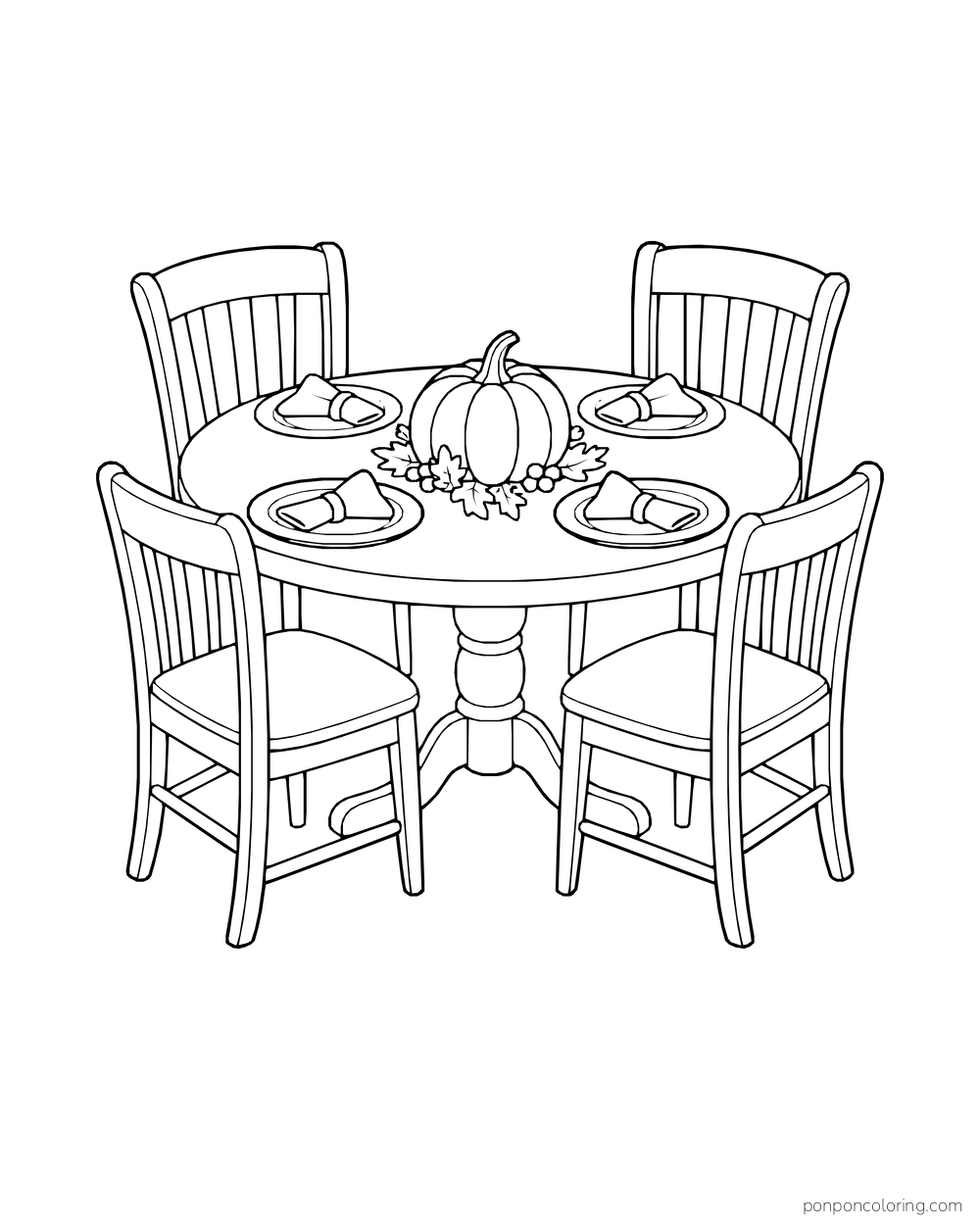 A round table has four chairs, plates, napkins and a pumpkin centerpiece.