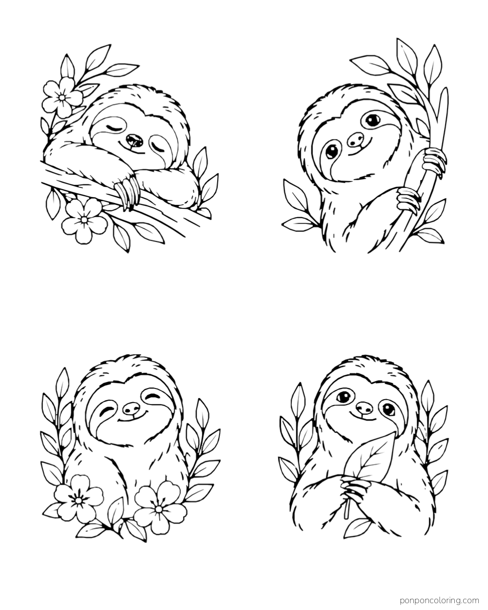 Four sloth portraits in the page corners, with different expressions and leaves between them.