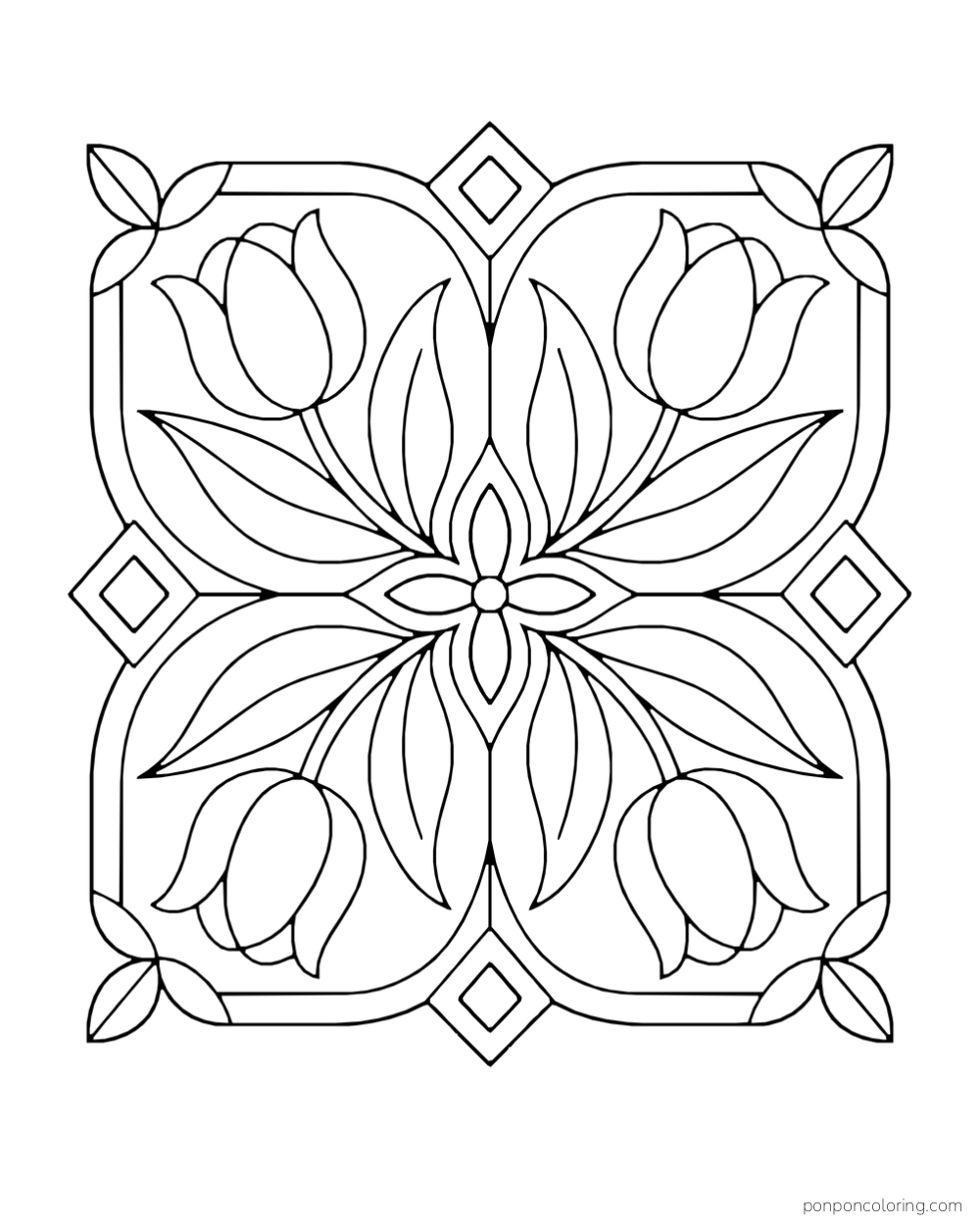 A square tile with four tulip motifs, diamond accents, and a flower at the center.
