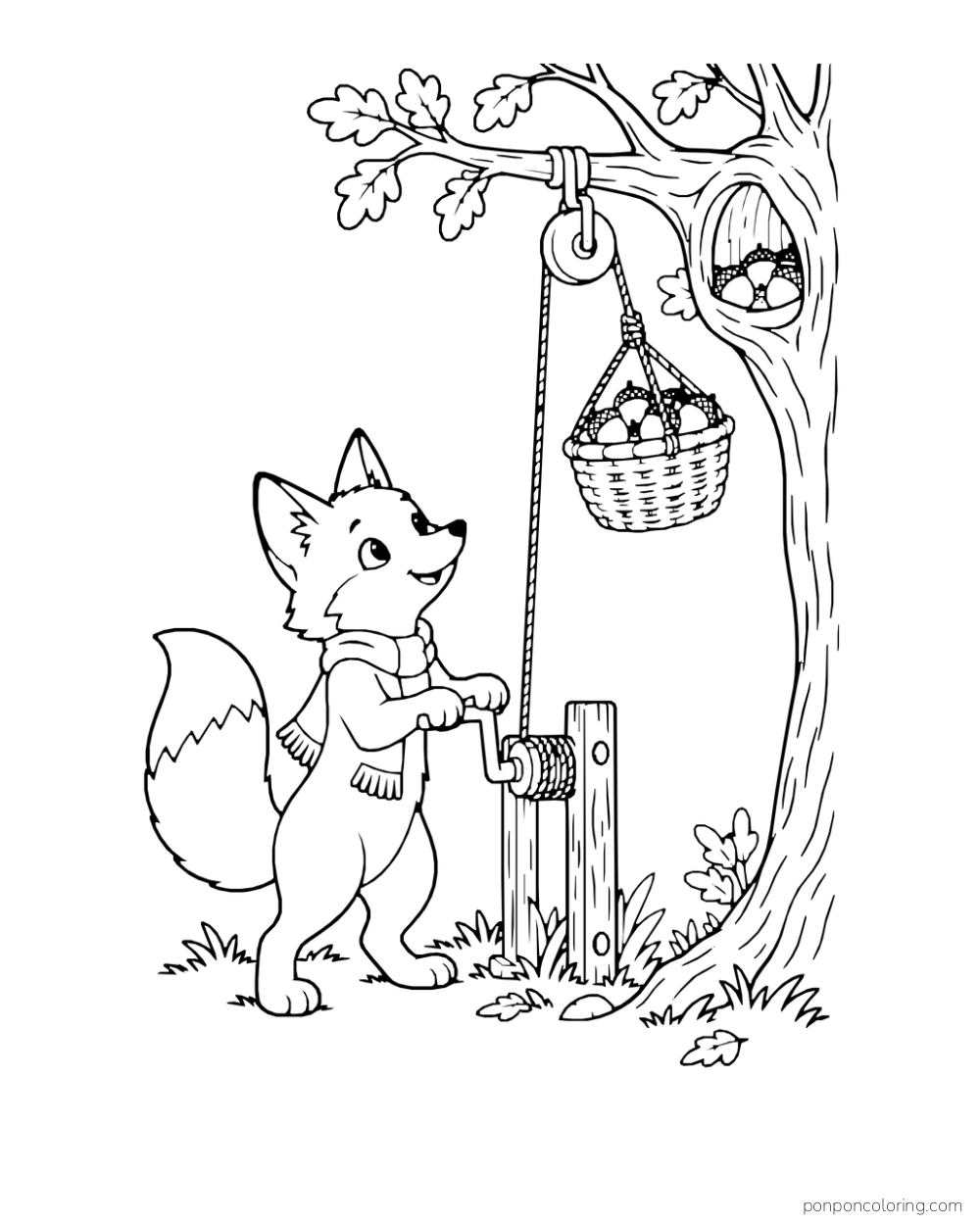 A fox turns a crank to lift a basket of acorns toward a tree hollow.