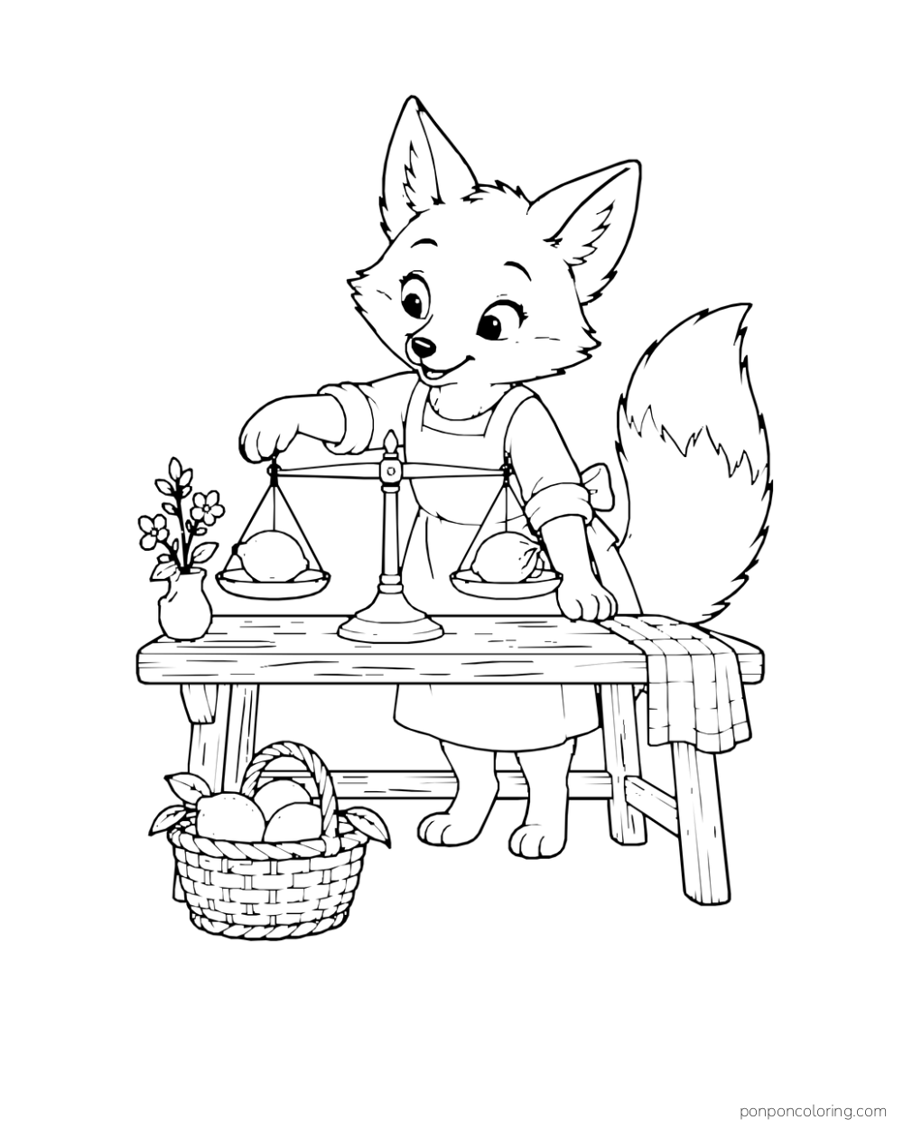 A fox weighs lemons on a balance scale at a wooden table.