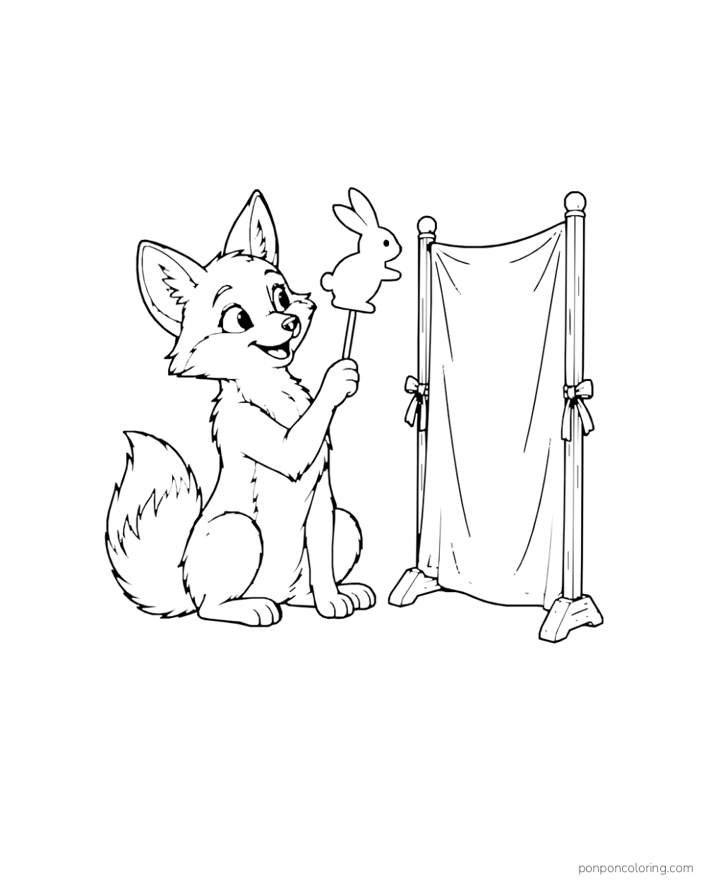 A fox holds a rabbit shadow puppet beside a freestanding screen.