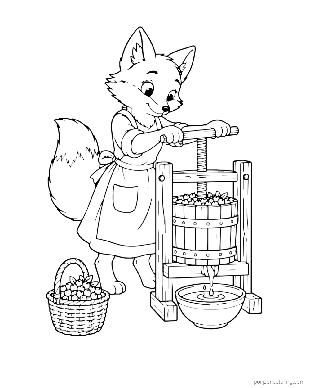 A fox operates a wooden berry press beside a basket and a bowl.