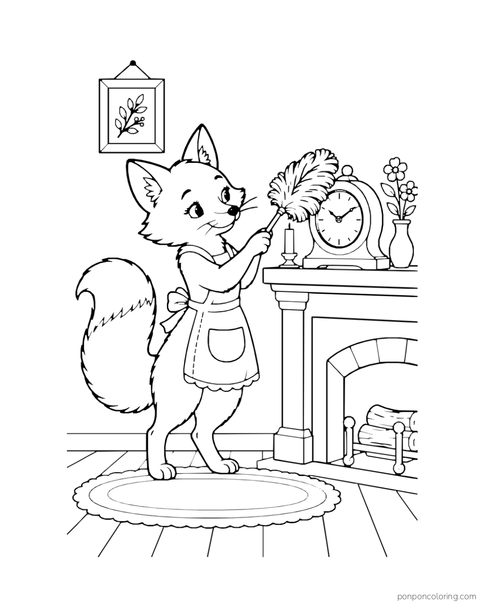 A fox dusts a mantel clock with a feather duster.