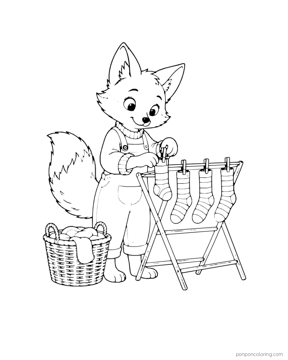 A fox hangs striped socks on a folding drying rack beside a basket.