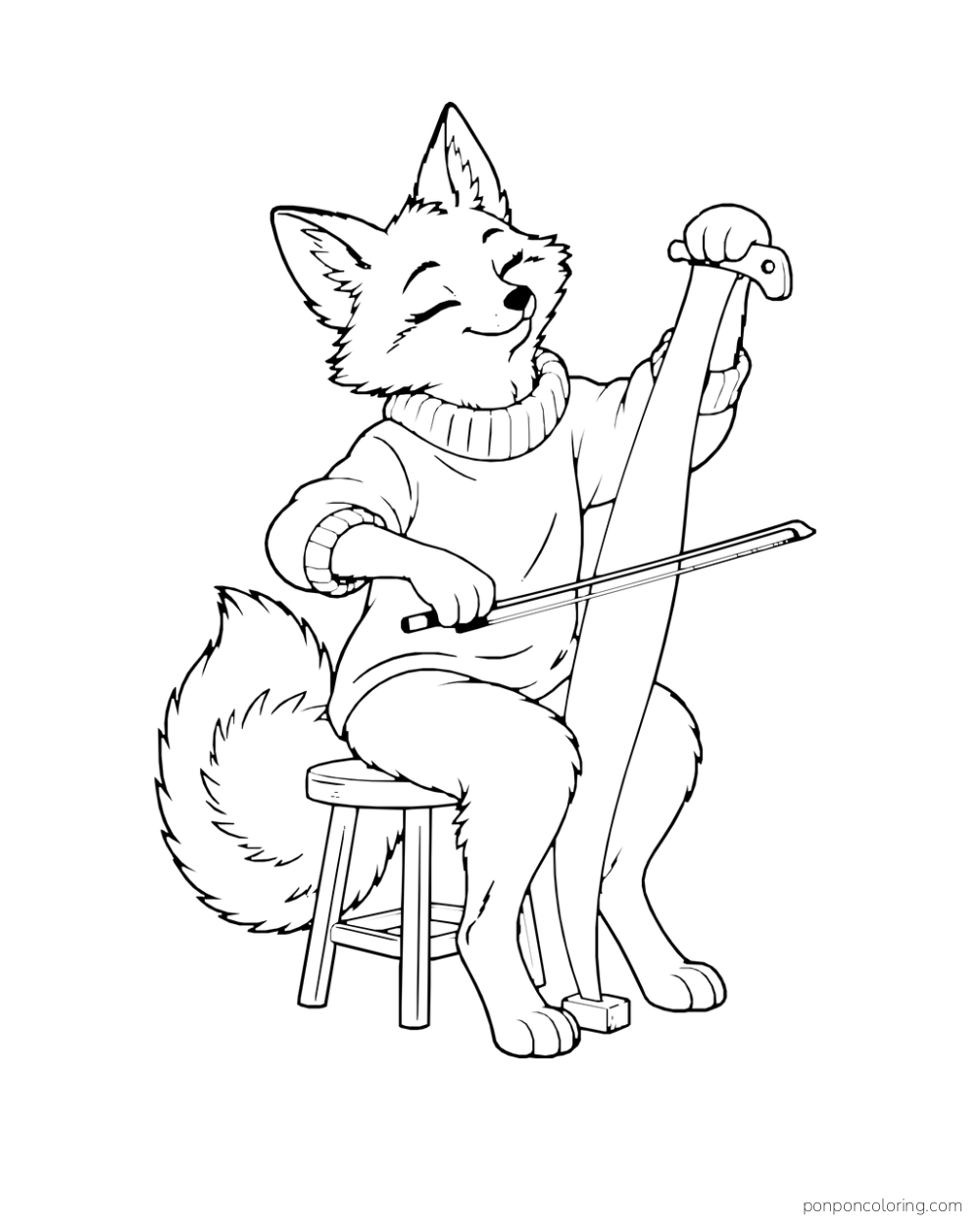 A seated fox plays a musical saw with a bow.